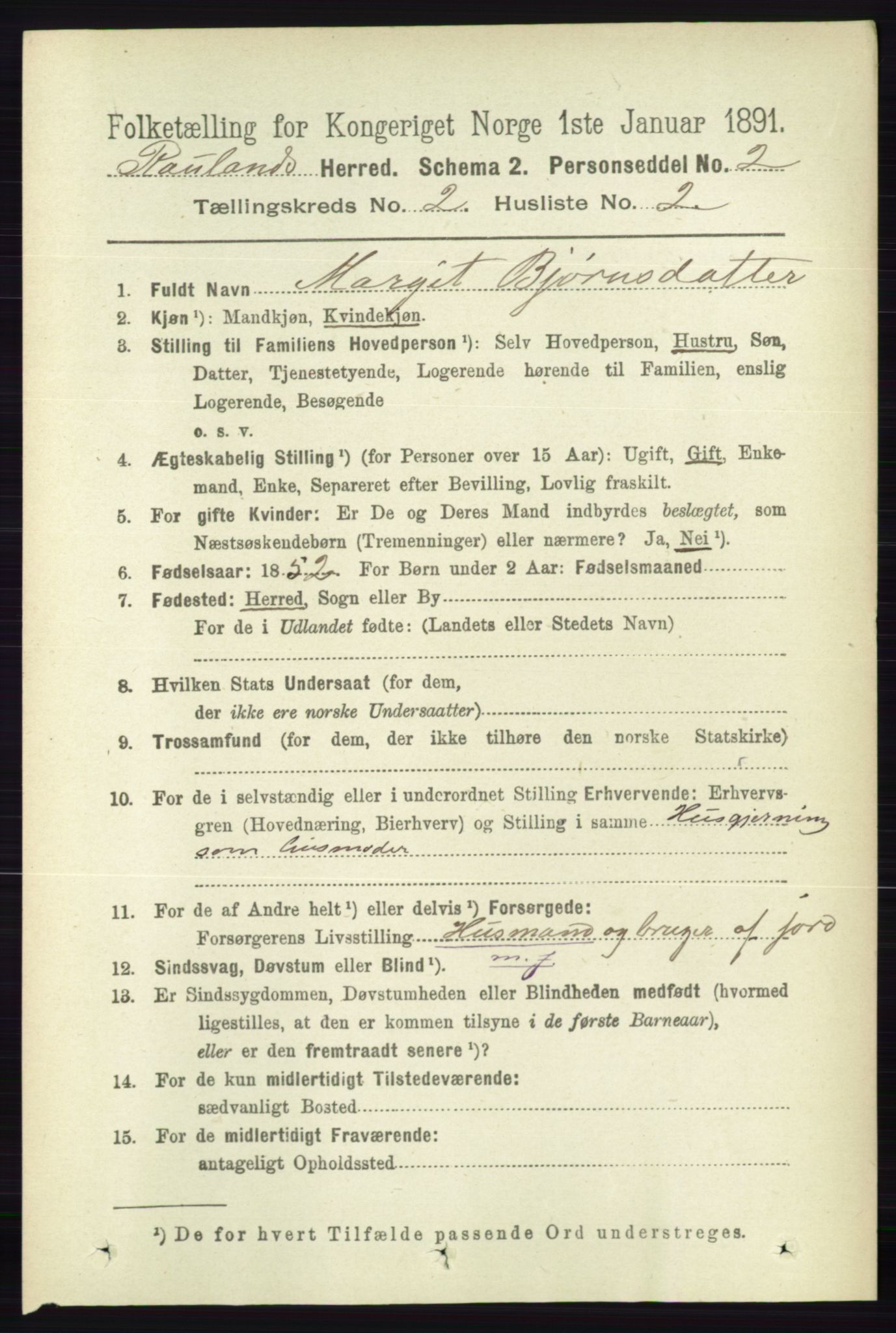 RA, 1891 census for 0835 Rauland, 1891, p. 262