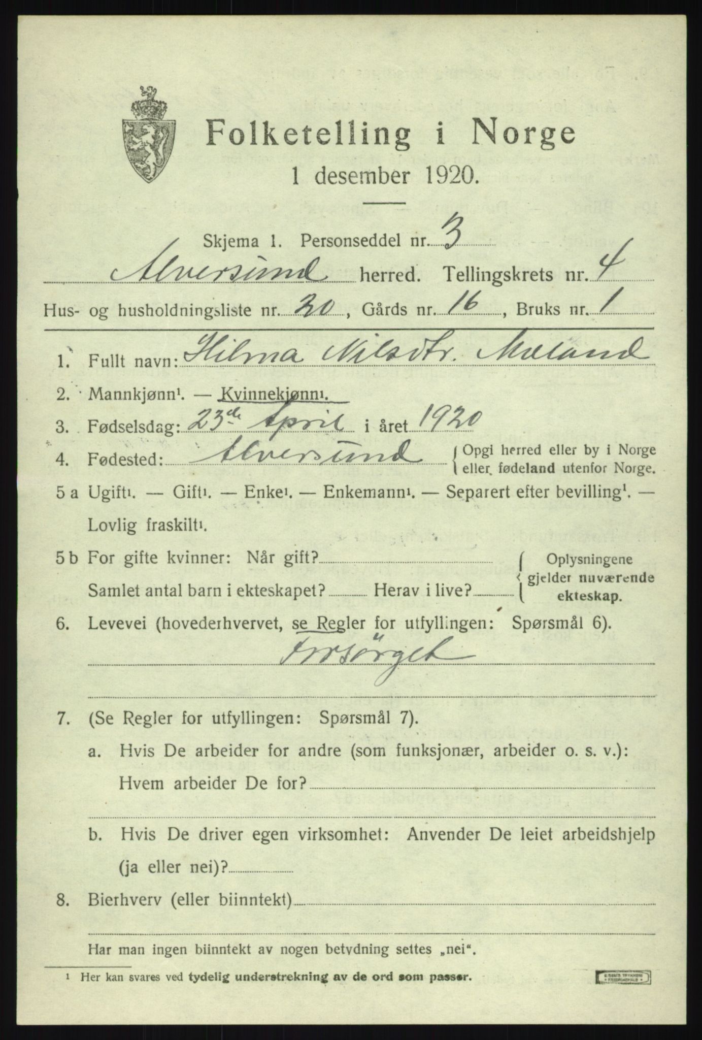 SAB, 1920 census for Alversund, 1920, p. 2942