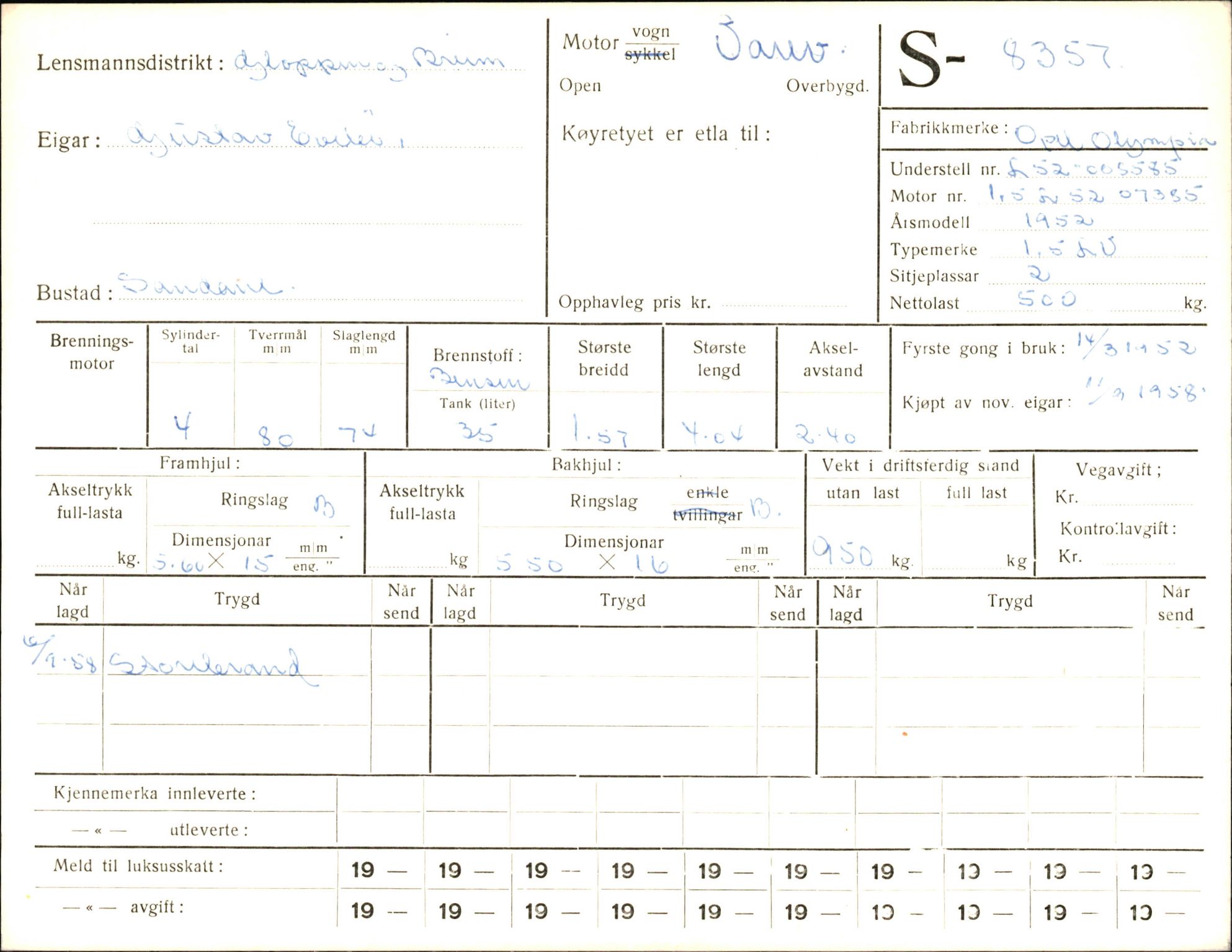 Statens vegvesen, Sogn og Fjordane vegkontor, AV/SAB-A-5301/4/F/L0006: Registerkort utmeldte Fjordane S8300-9500, 1930-1961, p. 84