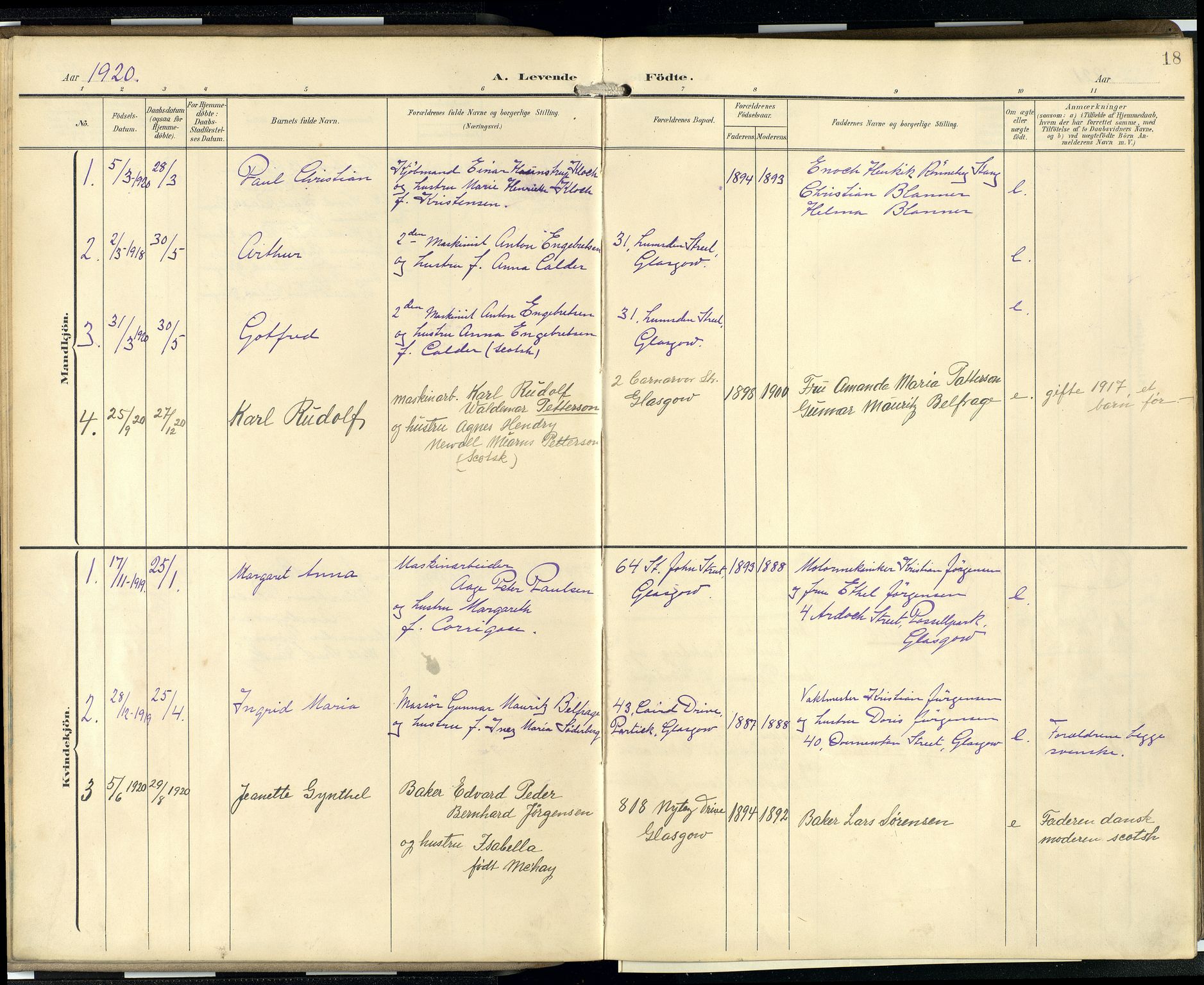 Den norske sjømannsmisjon i utlandet/Skotske havner (Leith, Glasgow), SAB/SAB/PA-0100/H/Ha/Hab/L0001: Parish register (official) no. A 1, 1902-1931, p. 17b-18a