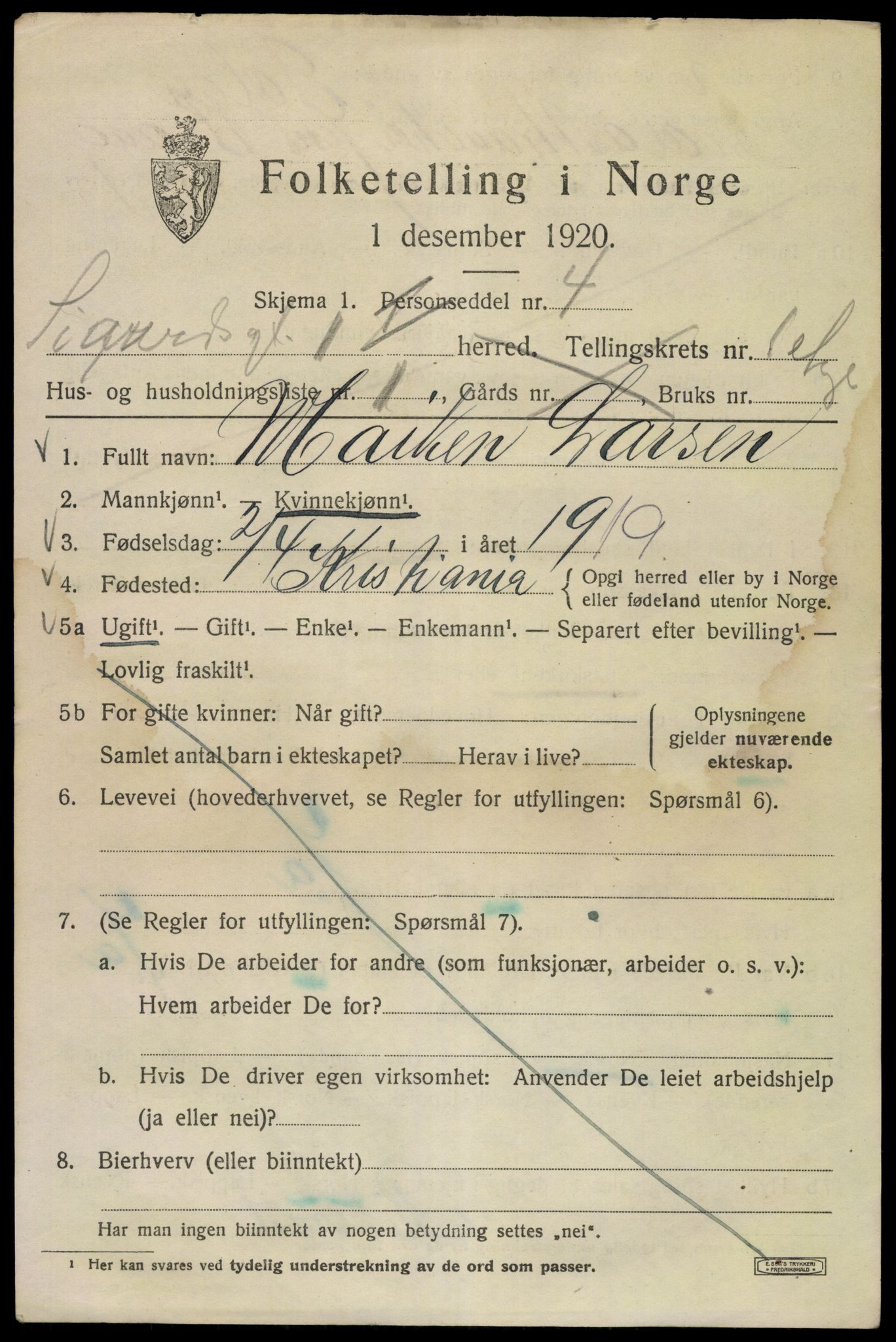 SAO, 1920 census for Kristiania, 1920, p. 510087