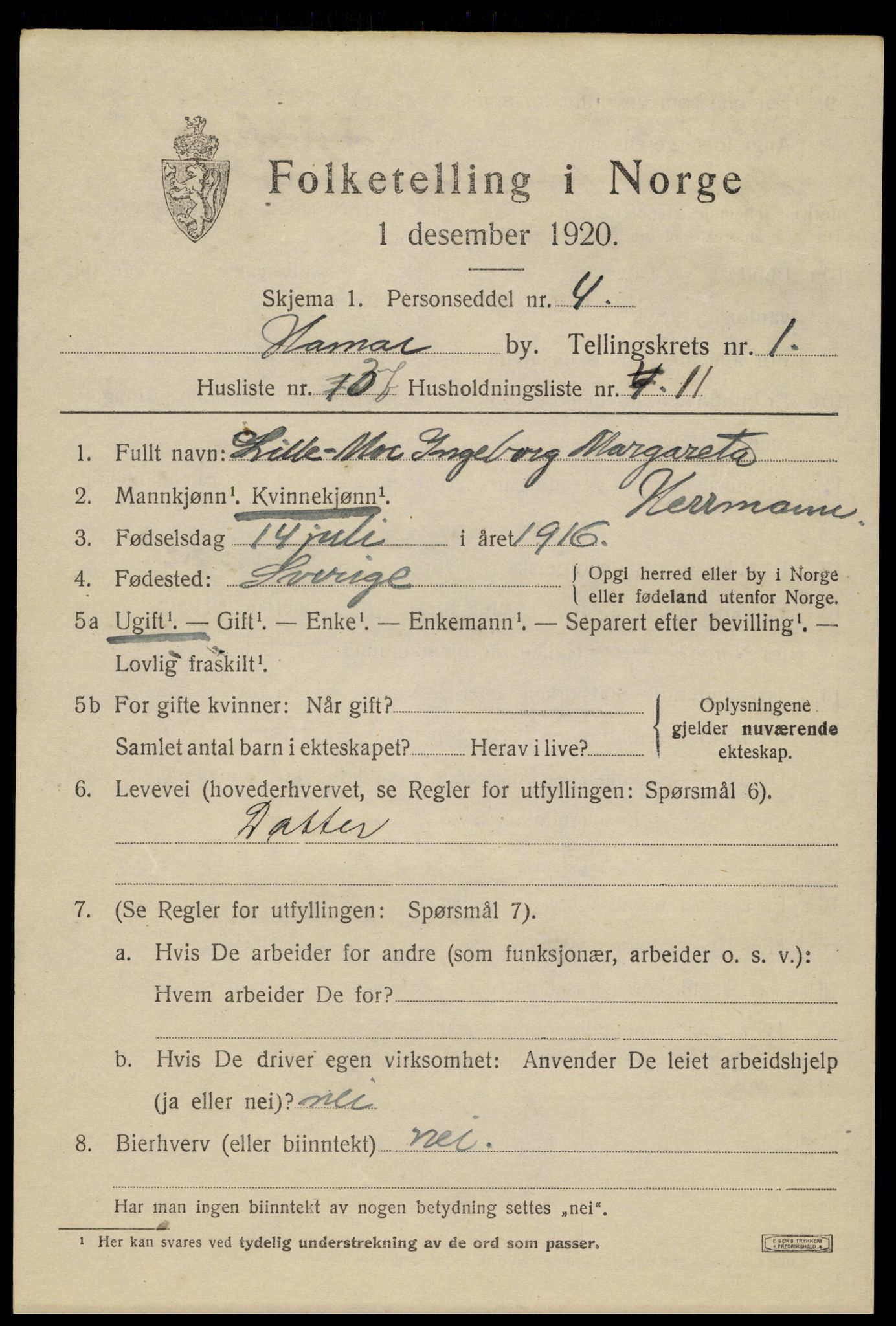 SAH, 1920 census for Hamar, 1920, p. 5157