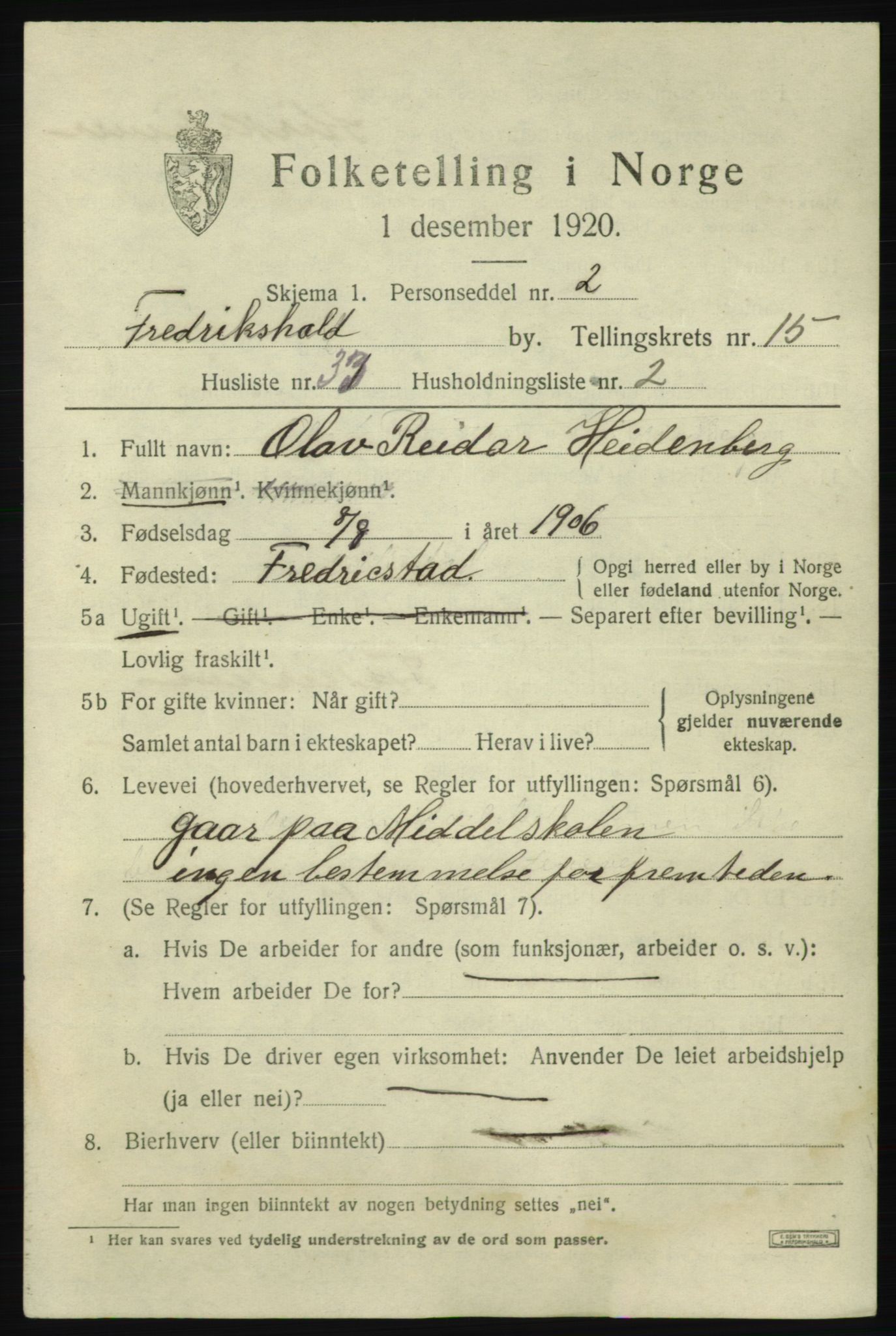 SAO, 1920 census for Fredrikshald, 1920, p. 23984