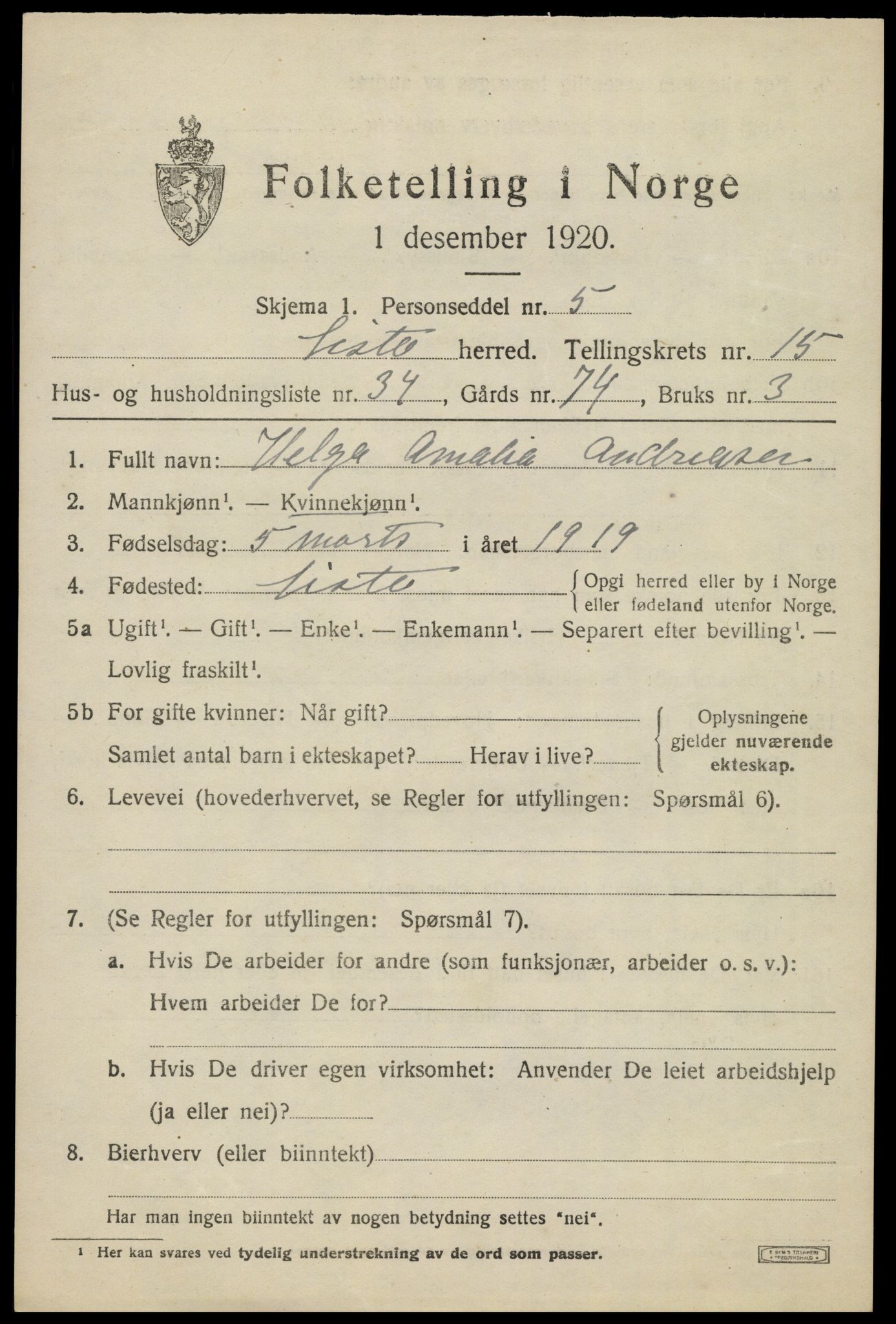 SAK, 1920 census for Lista, 1920, p. 12883