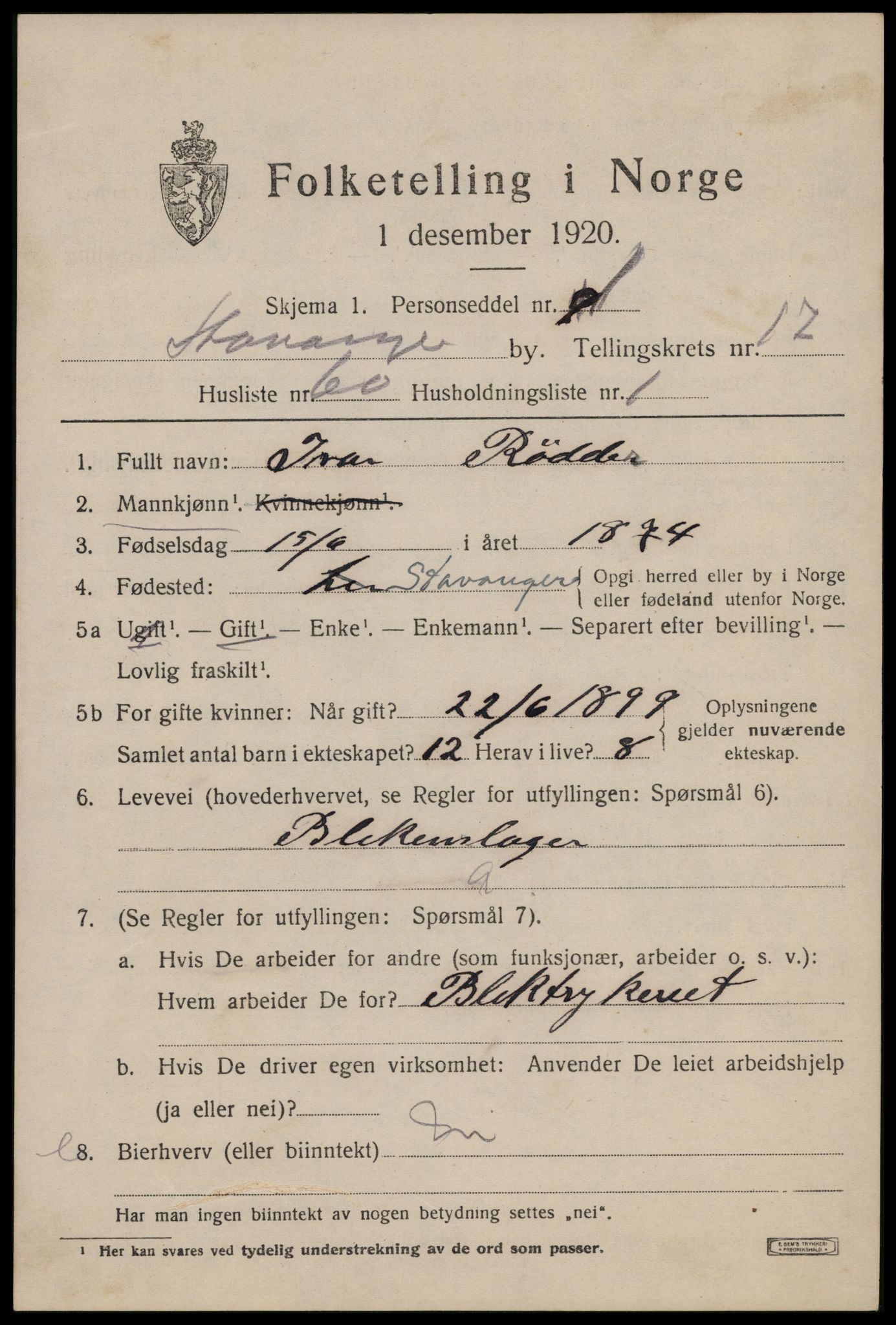 SAST, 1920 census for Stavanger, 1920, p. 66066