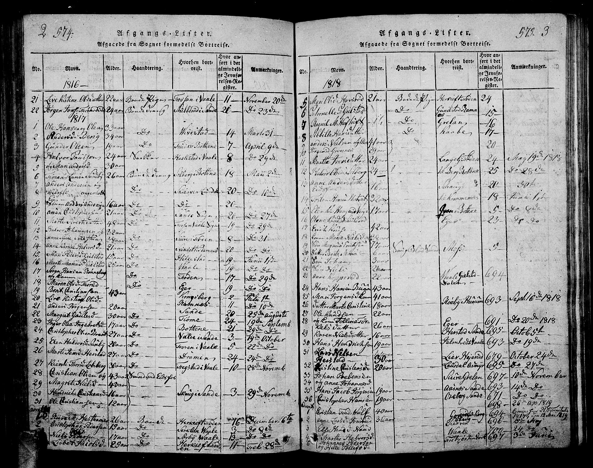 Hof kirkebøker, AV/SAKO-A-64/G/Ga/L0001: Parish register (copy) no. I 1, 1814-1844, p. 574-575