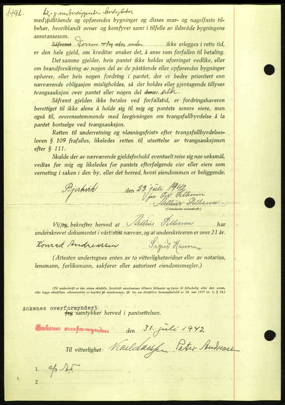 Steigen og Ofoten sorenskriveri, AV/SAT-A-0030/1/2/2C: Mortgage book no. A9-12, 1942-1946, Diary no: : 1737/1942