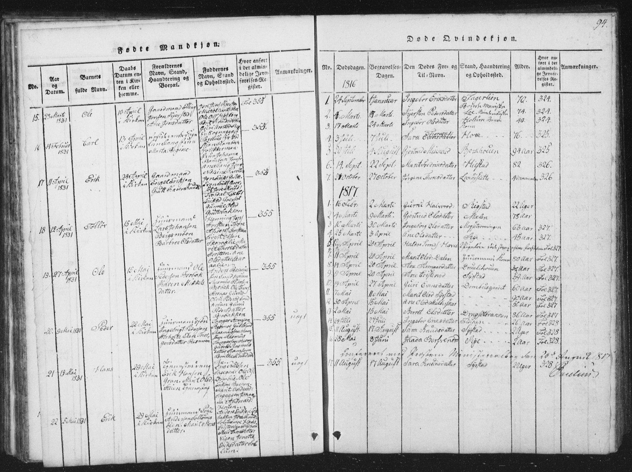 Ministerialprotokoller, klokkerbøker og fødselsregistre - Sør-Trøndelag, SAT/A-1456/672/L0862: Parish register (copy) no. 672C01, 1816-1831, p. 94