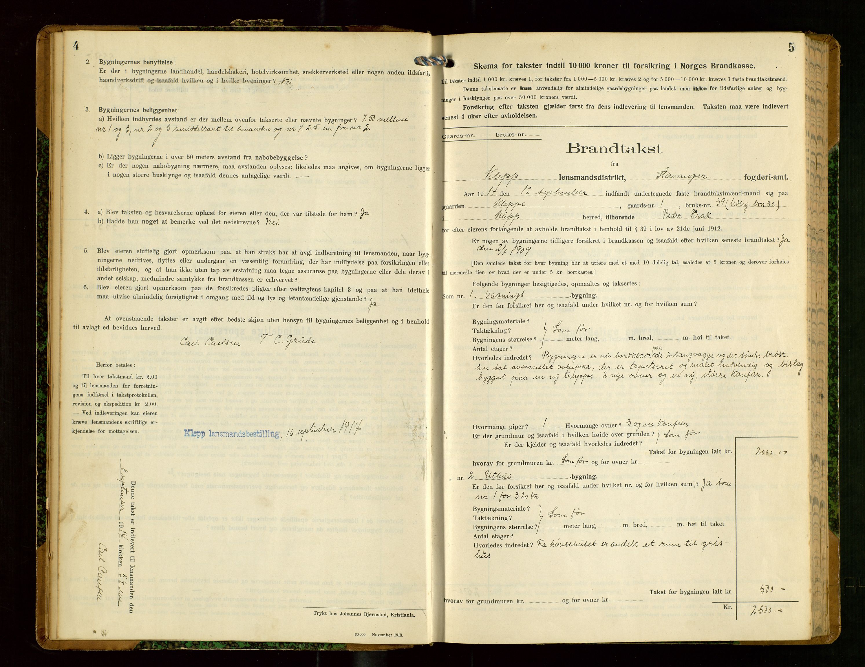 Klepp lensmannskontor, SAST/A-100163/Goc/L0008: "Brandtakstprotokol" m/register, 1914-1917, p. 4-5