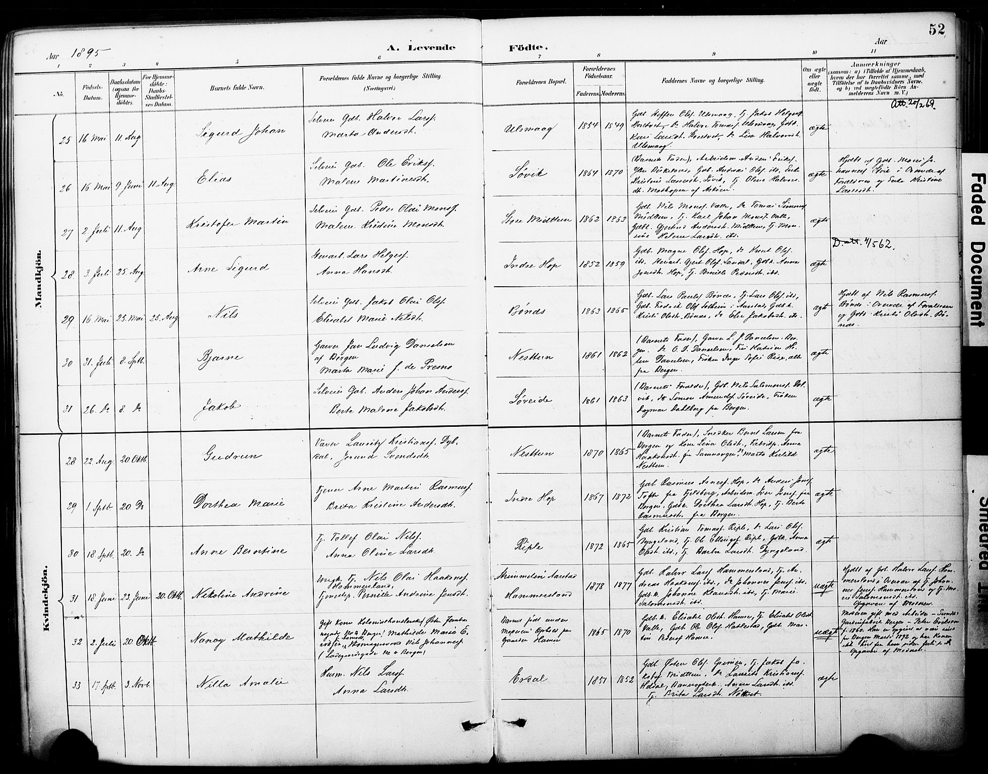 Fana Sokneprestembete, SAB/A-75101/H/Haa/Haai/L0002: Parish register (official) no. I 2, 1888-1899, p. 52