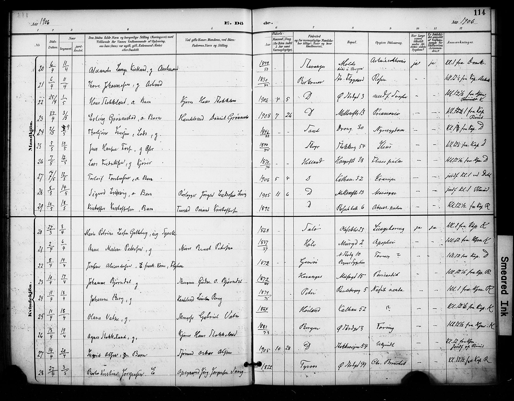 Domkirken sokneprestkontor, AV/SAST-A-101812/001/30/30BA/L0032: Parish register (official) no. A 31, 1896-1917, p. 114