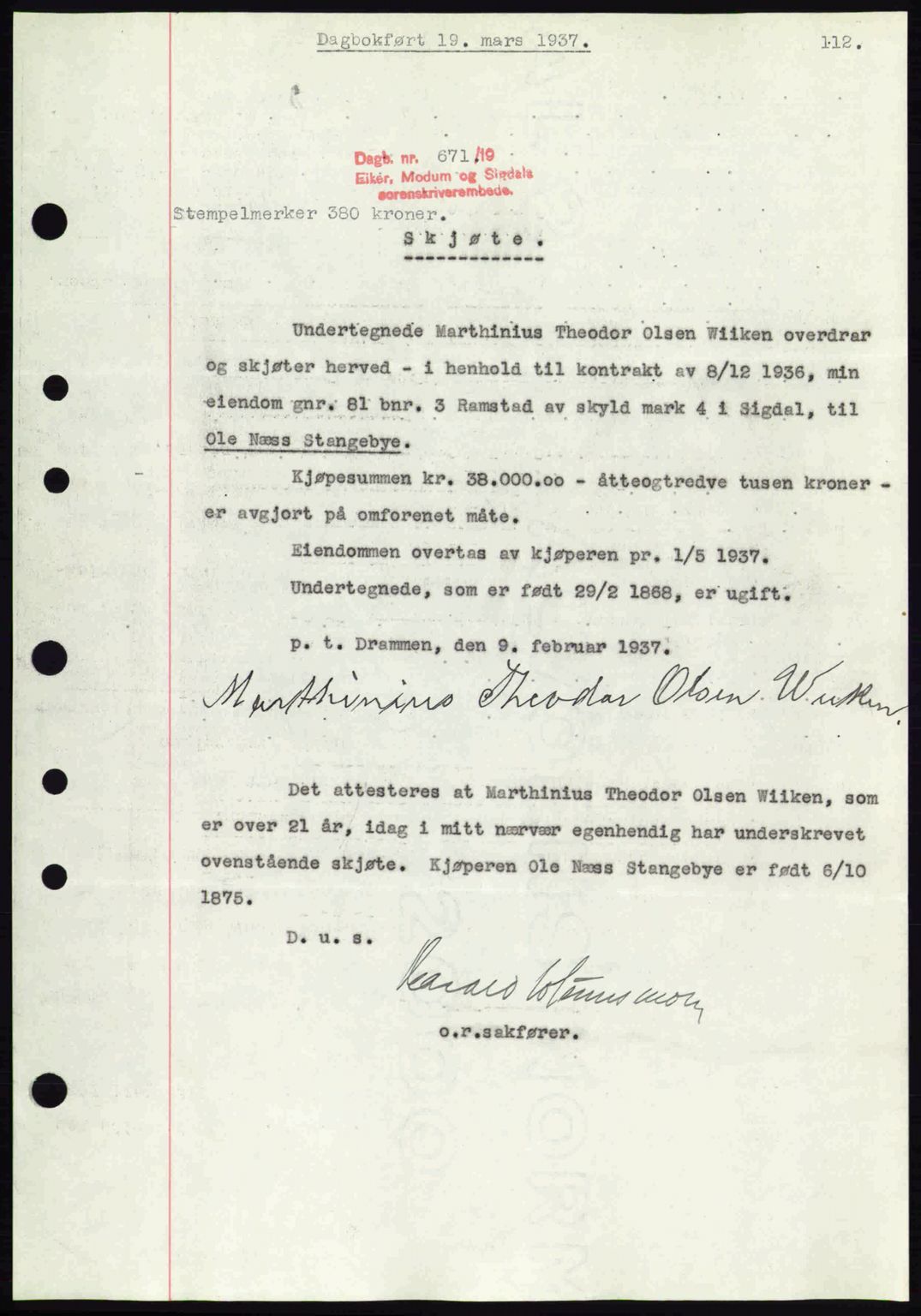 Eiker, Modum og Sigdal sorenskriveri, SAKO/A-123/G/Ga/Gab/L0035: Mortgage book no. A5, 1937-1937, Diary no: : 671/1937