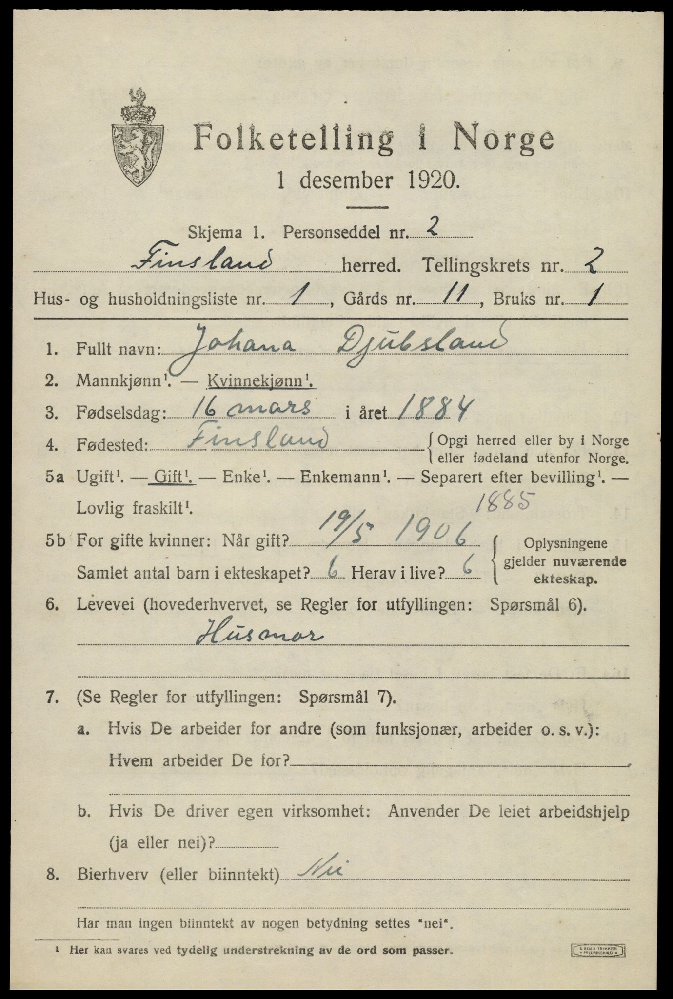 SAK, 1920 census for Finsland, 1920, p. 730