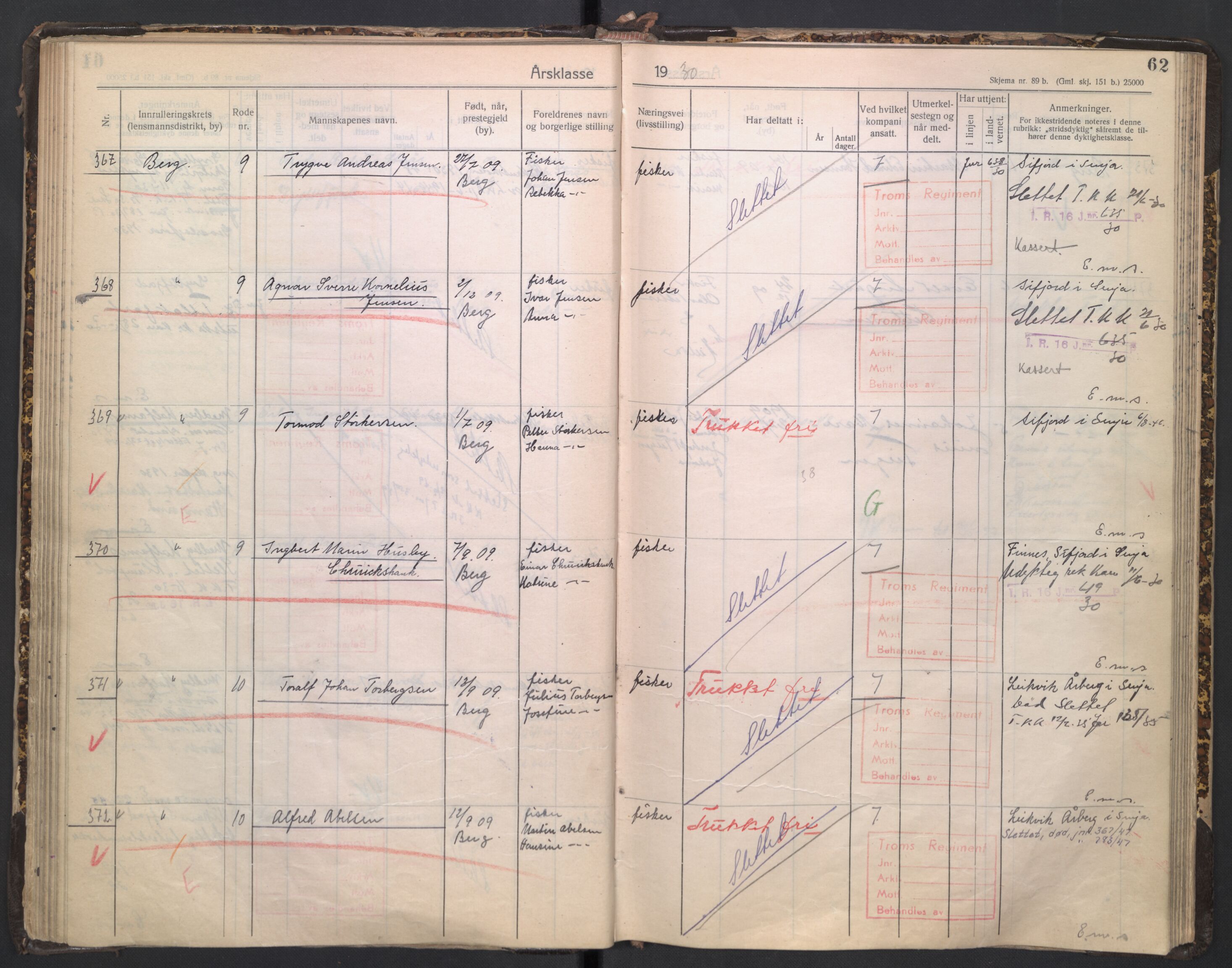 Forsvaret, Troms infanteriregiment nr. 16, AV/RA-RAFA-3146/P/Pa/L0005/0003: Ruller / Rulle for regimentets stridende menige mannskaper, årsklasse 1930, 1930, p. 62