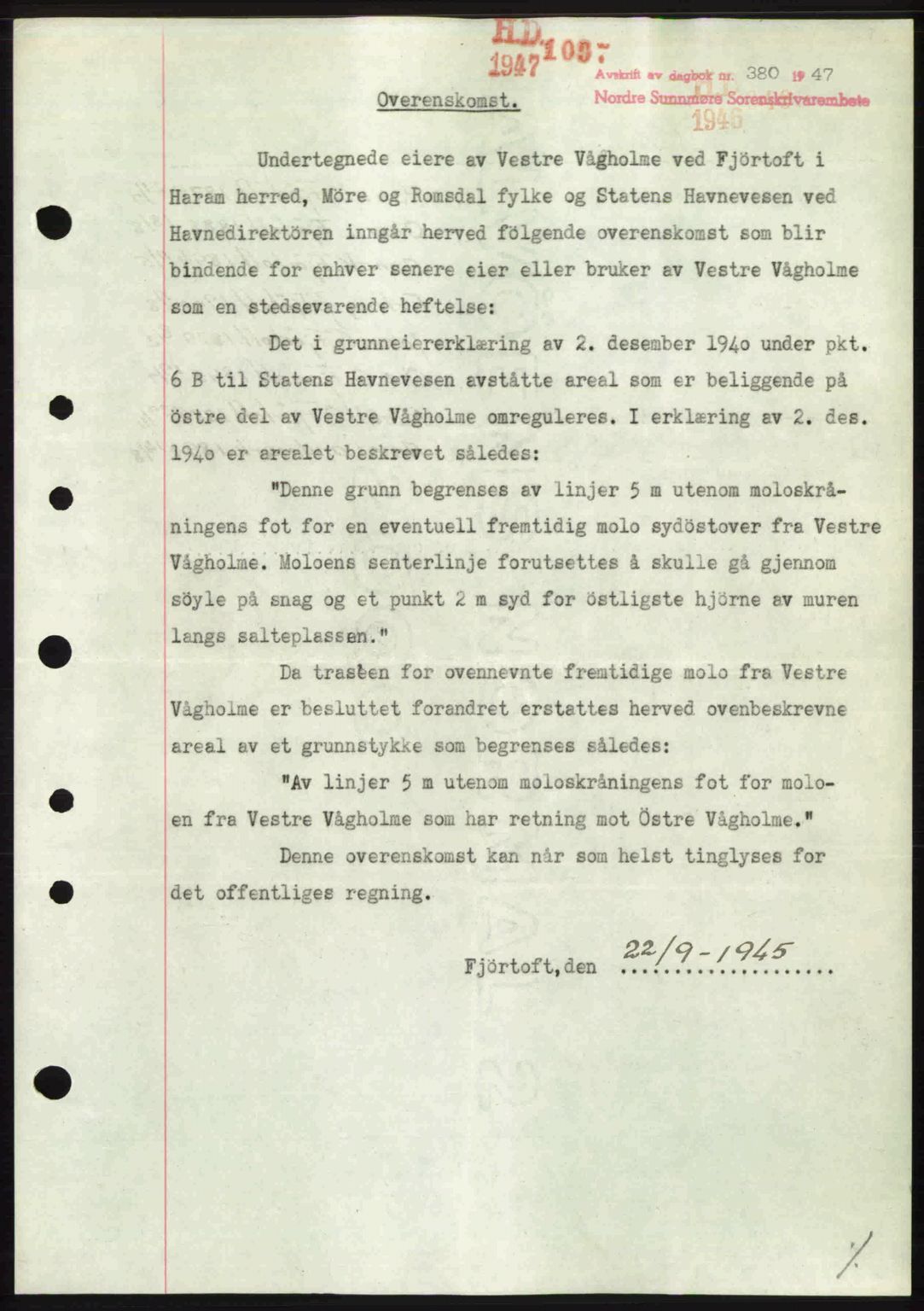 Nordre Sunnmøre sorenskriveri, AV/SAT-A-0006/1/2/2C/2Ca: Mortgage book no. A24, 1947-1947, Diary no: : 380/1947