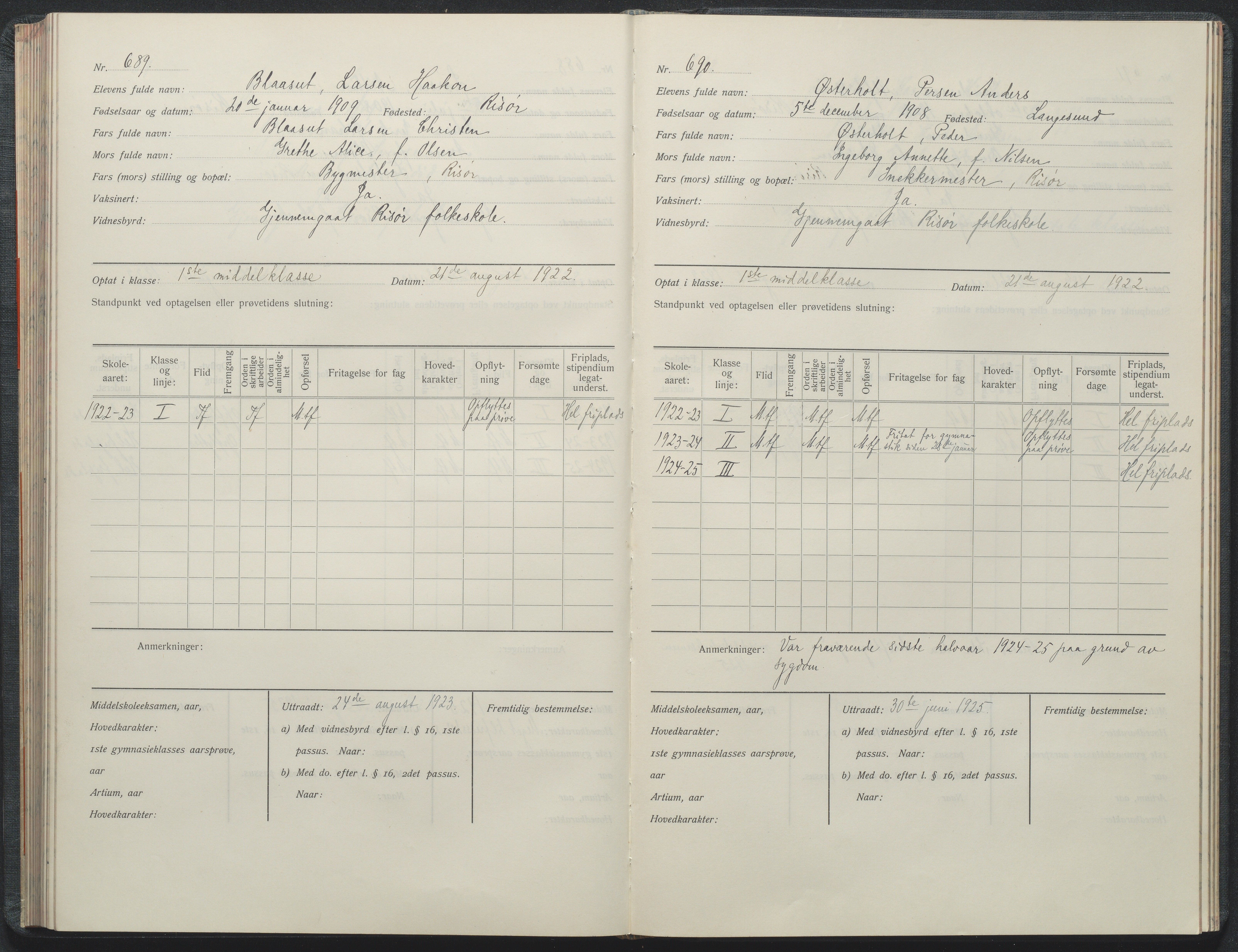 Risør kommune, AAKS/KA0901-PK/1/05/05i/L0002: Manntallsprotokoll, 1911-1925, p. 689-690