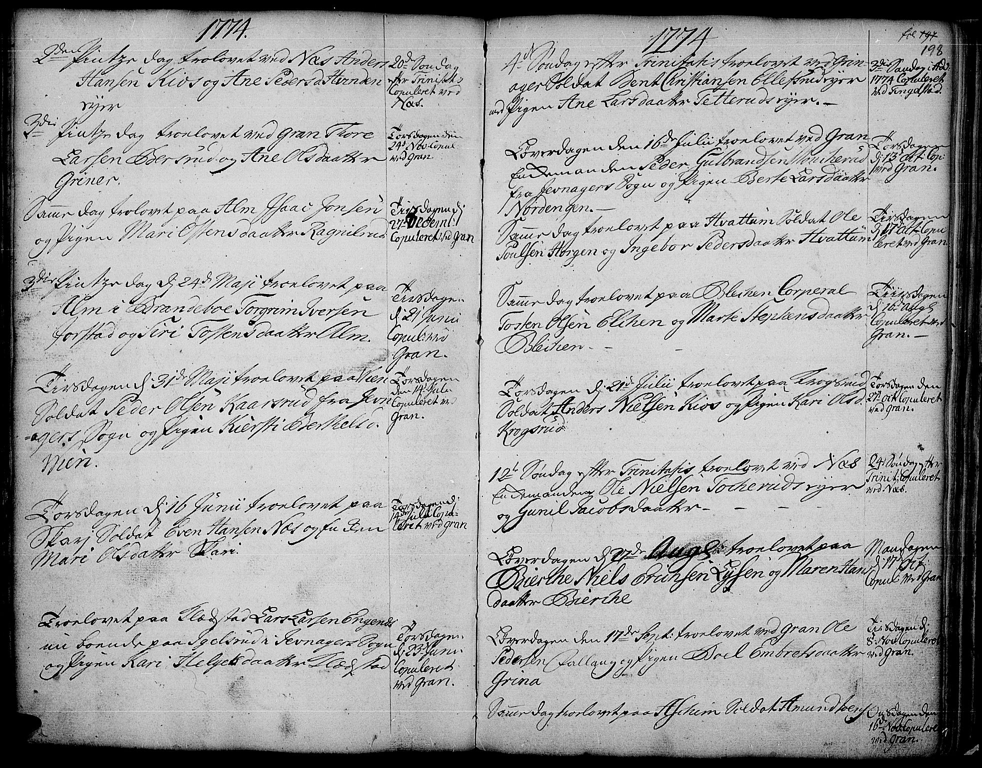 Gran prestekontor, SAH/PREST-112/H/Ha/Haa/L0004: Parish register (official) no. 4, 1759-1775, p. 198