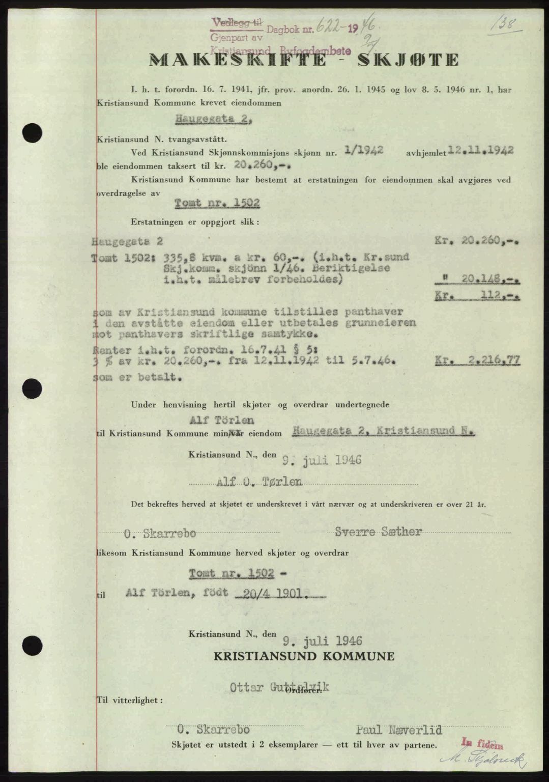 Kristiansund byfogd, AV/SAT-A-4587/A/27: Mortgage book no. 39b, 1946-1947, Diary no: : 622/1946