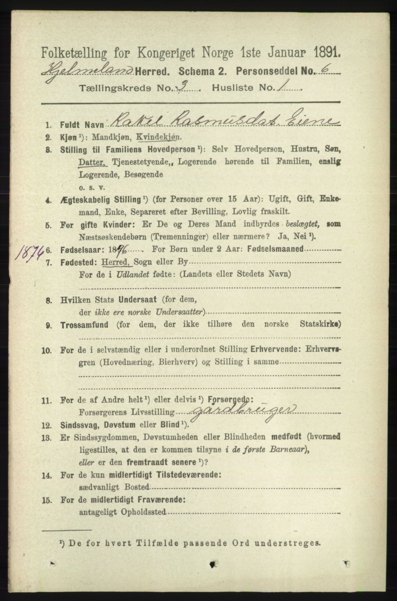 RA, 1891 census for 1133 Hjelmeland, 1891, p. 742