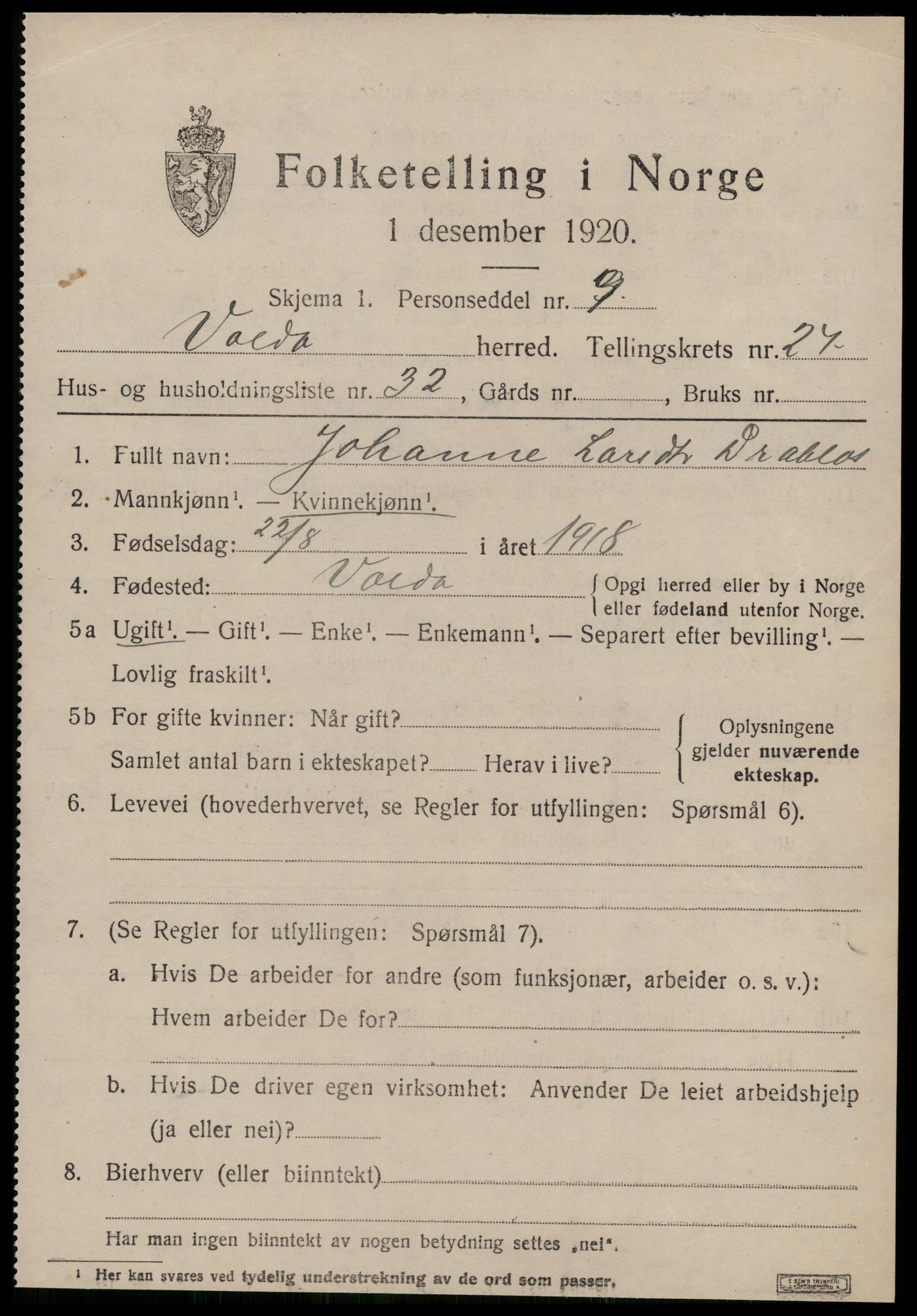 SAT, 1920 census for Volda, 1920, p. 12936