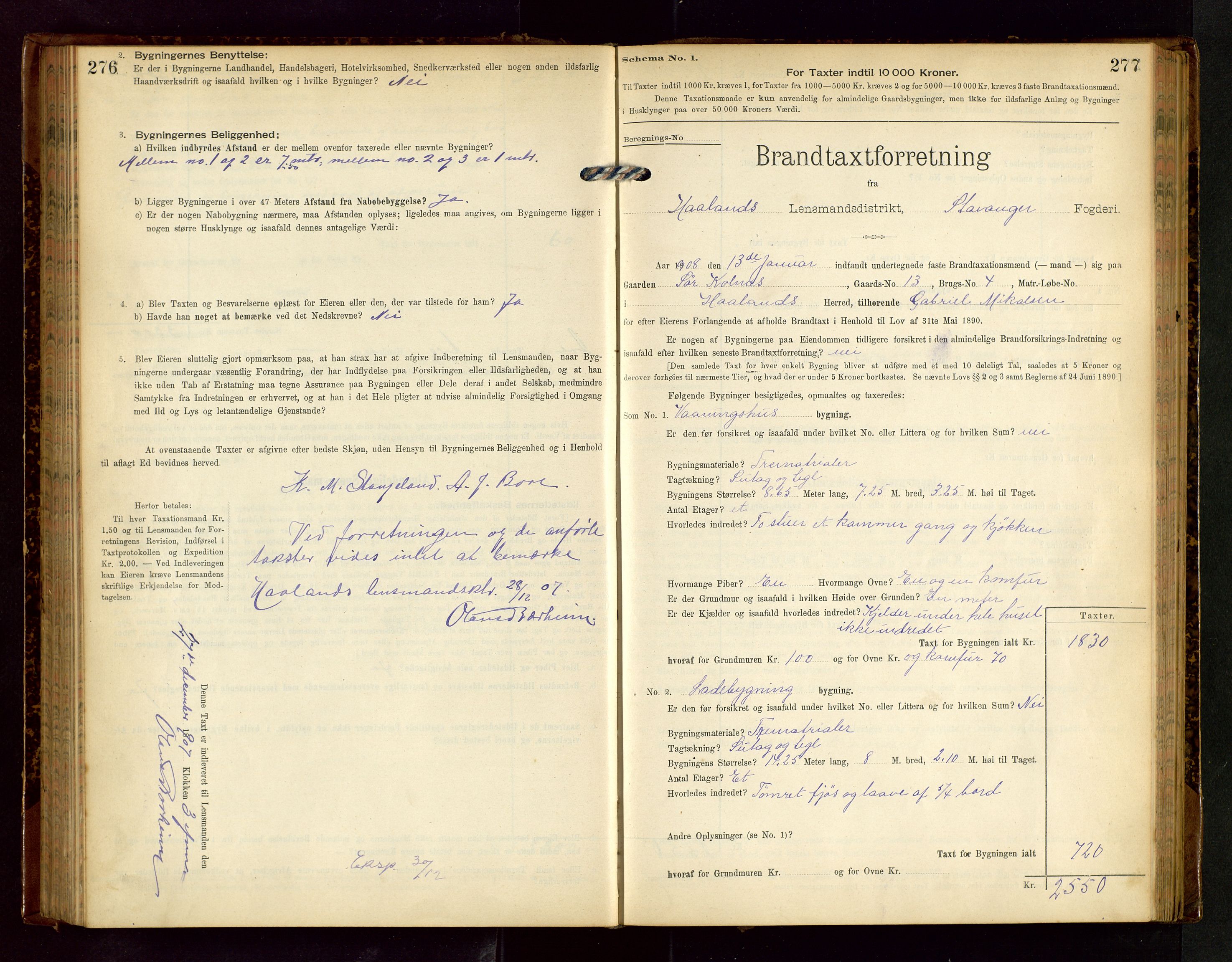 Håland lensmannskontor, SAST/A-100100/Gob/L0002: Branntakstprotokoll - skjematakst. Register i boken., 1902-1906, p. 276-277