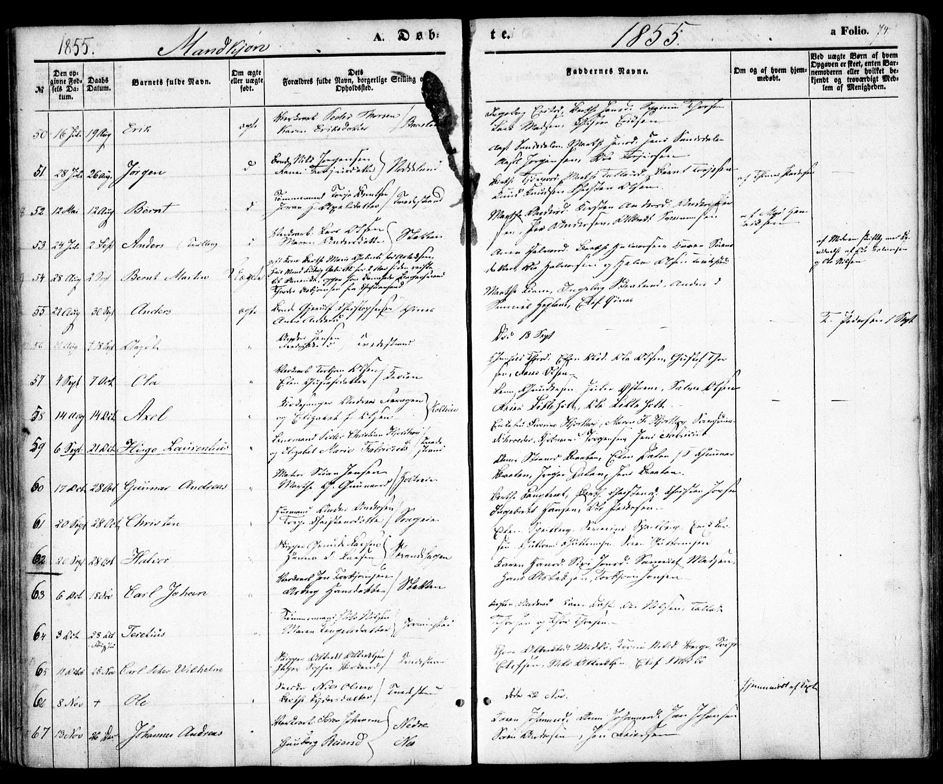 Holt sokneprestkontor, AV/SAK-1111-0021/F/Fa/L0008: Parish register (official) no. A 8, 1849-1860, p. 74