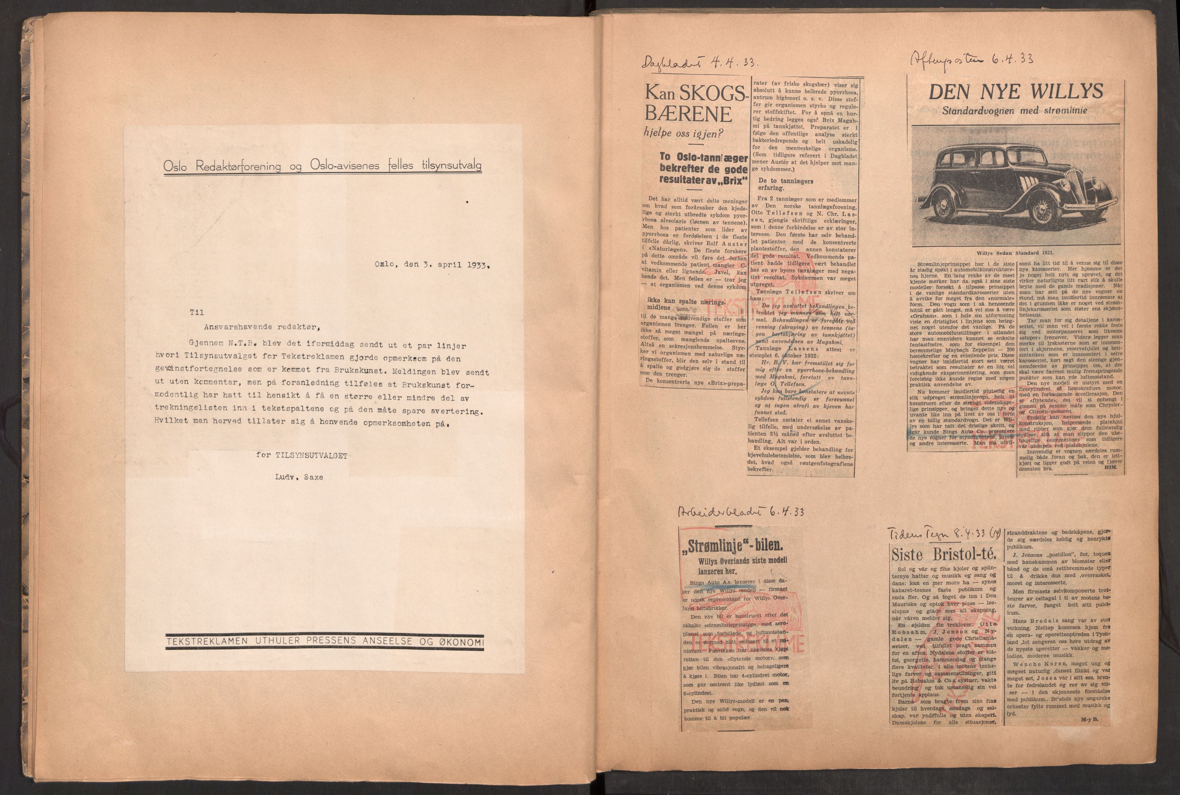 Tekstreklameutvalget, RA/PA-0854/A/Aa/L0007: Meldinger til avisene, avisutklipp stemplet med den røde hånd, 1933-1934