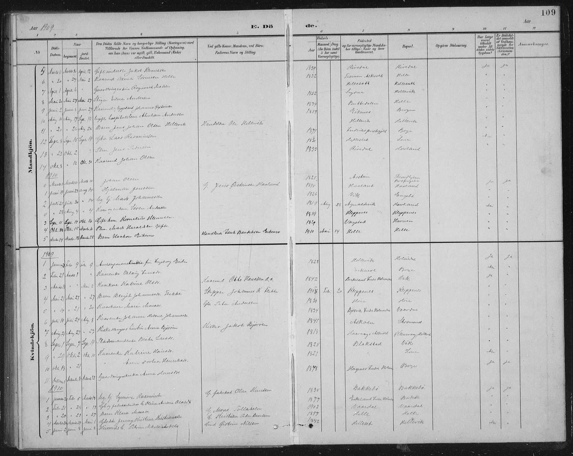 Fjaler sokneprestembete, AV/SAB-A-79801/H/Hab/Habb/L0002: Parish register (copy) no. B 2, 1895-1915, p. 109