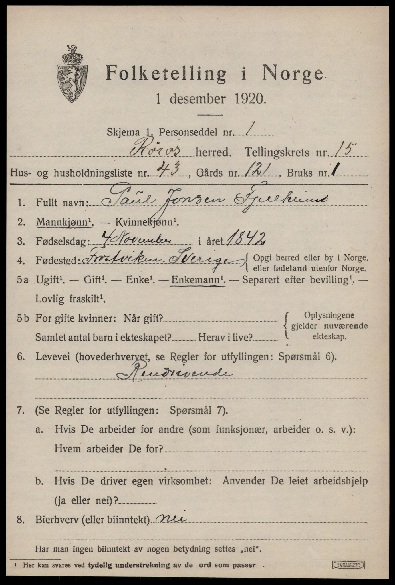 SAT, 1920 census for Røros, 1920, p. 10902