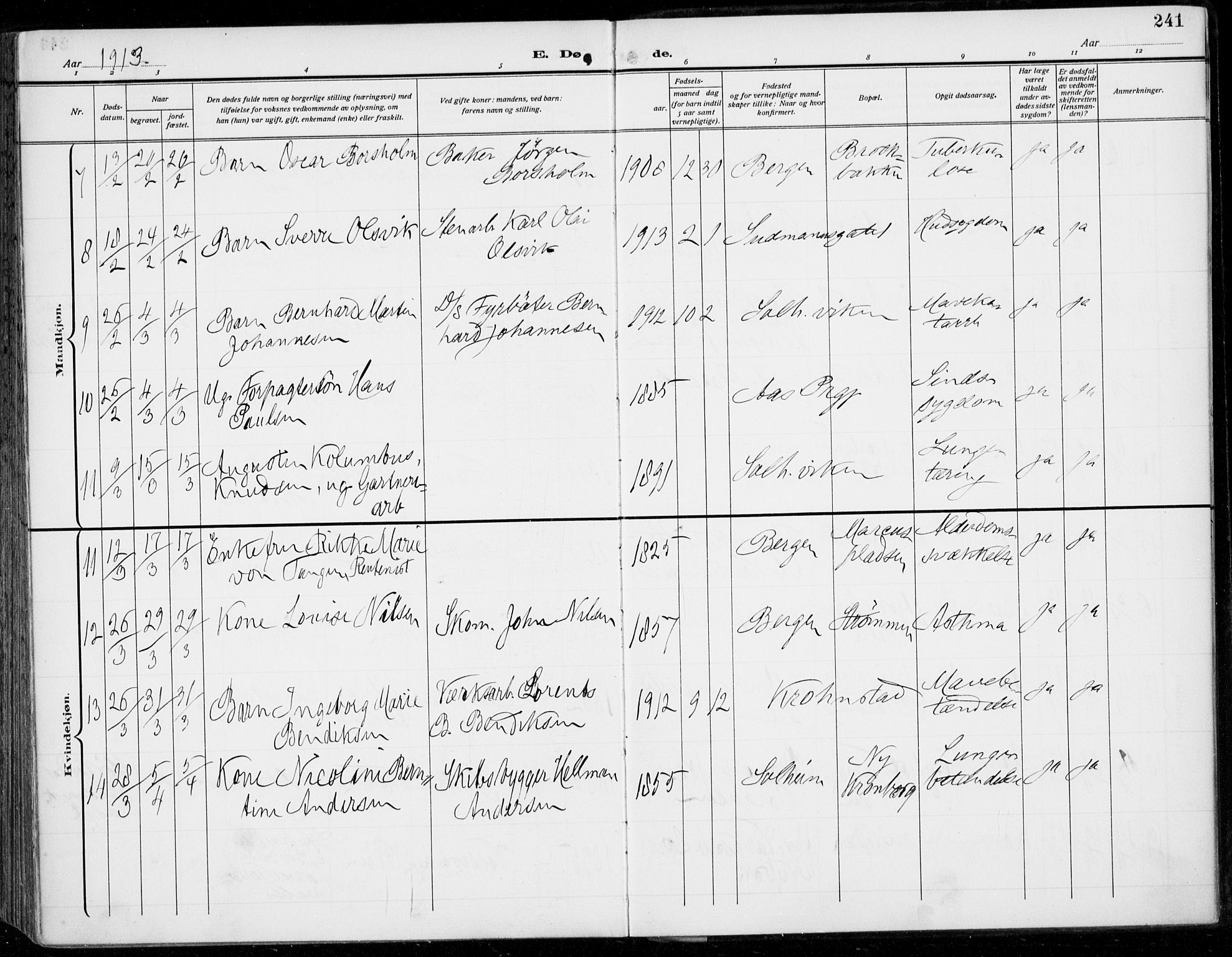 Årstad Sokneprestembete, AV/SAB-A-79301/H/Haa/L0009: Parish register (official) no. C 1, 1902-1918, p. 241