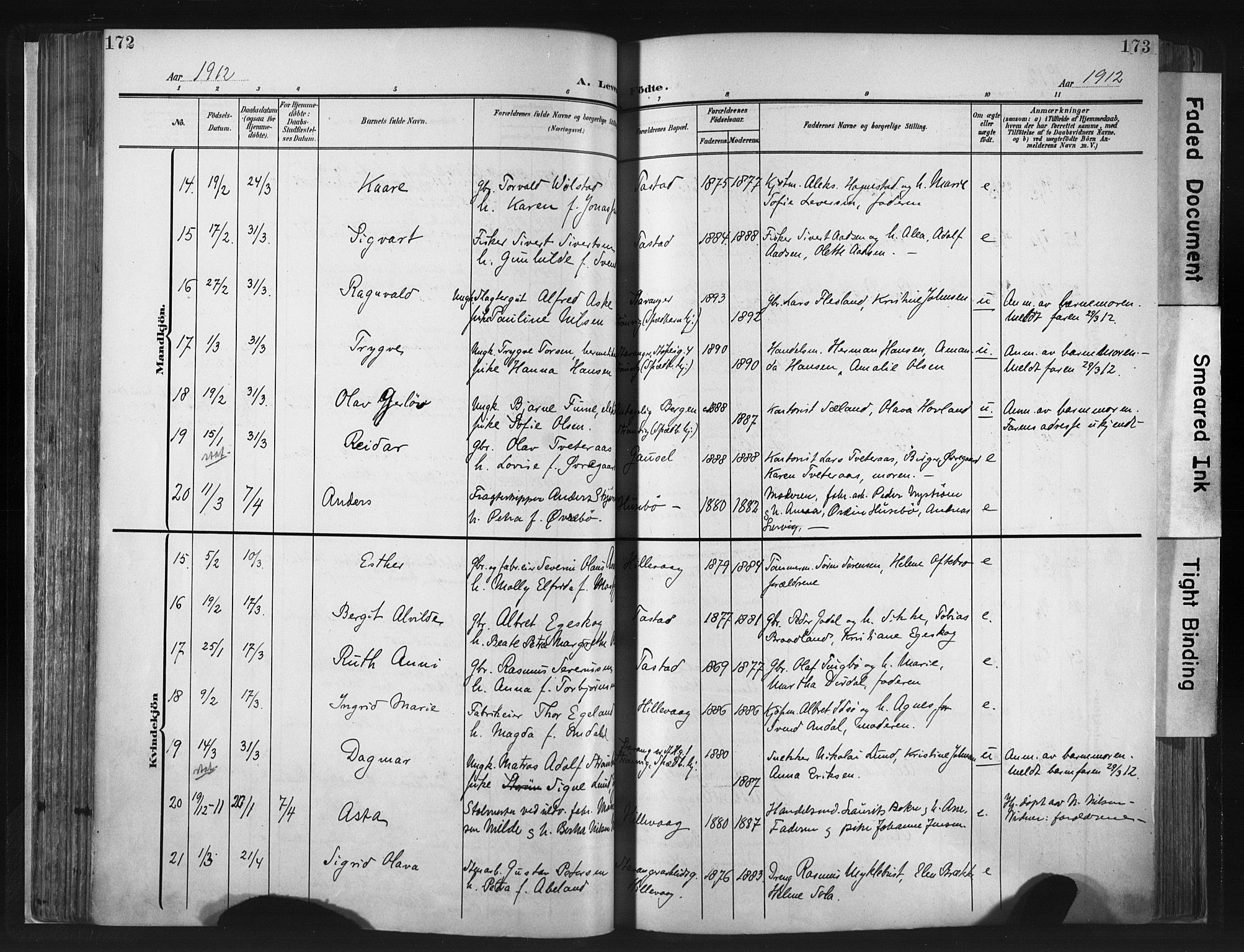 Hetland sokneprestkontor, AV/SAST-A-101826/30/30BA/L0013: Parish register (official) no. A 13, 1904-1918, p. 172-173