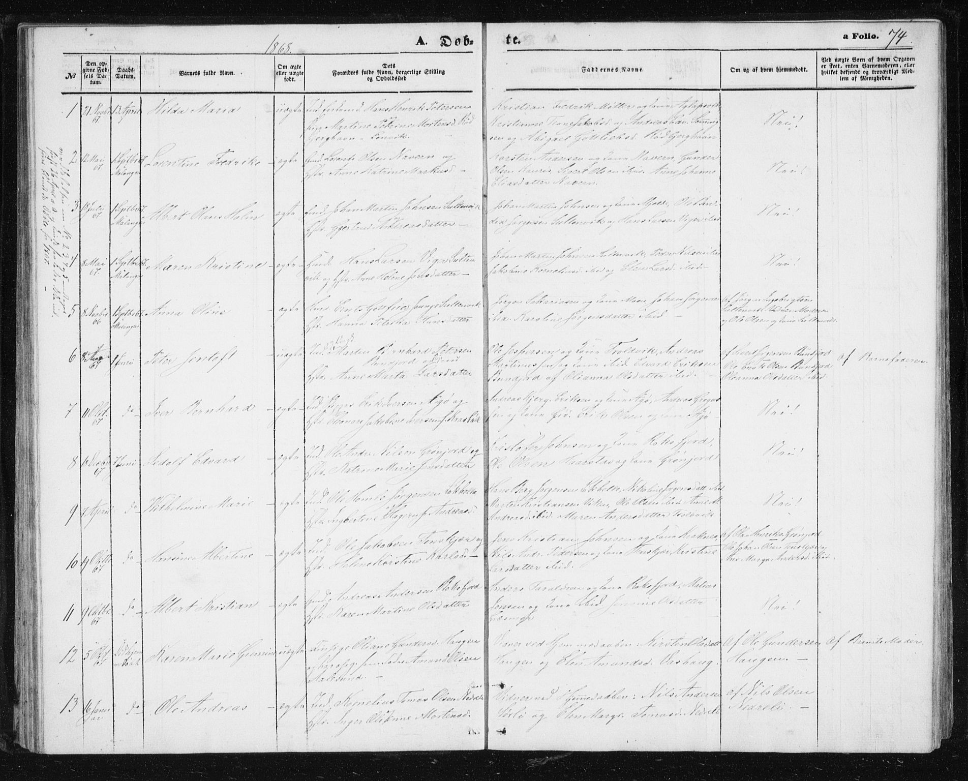 Lenvik sokneprestembete, AV/SATØ-S-1310/H/Ha/Hab/L0004klokker: Parish register (copy) no. 4, 1859-1869, p. 74