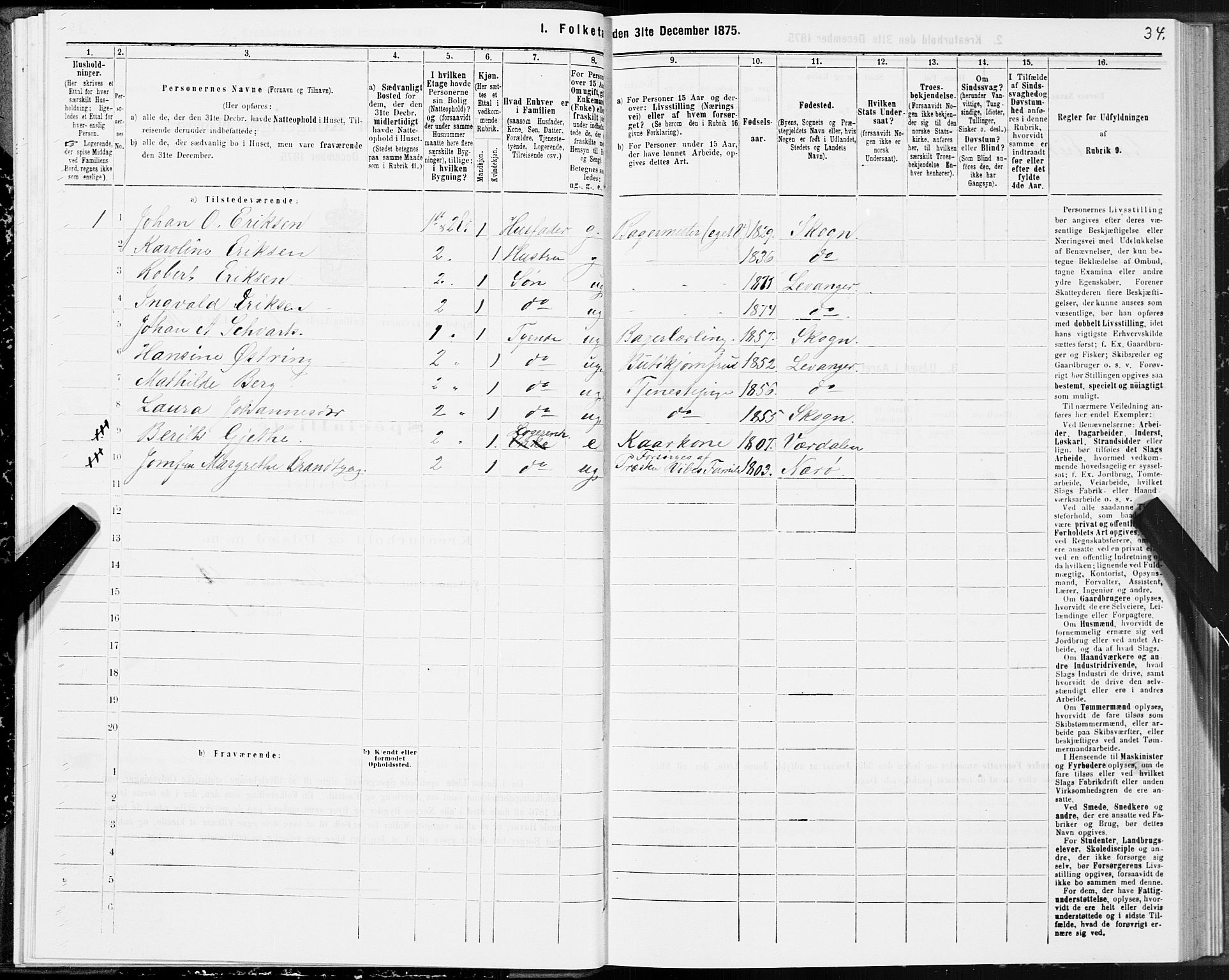 SAT, 1875 census for 1701B Levanger/Levanger, 1875, p. 34