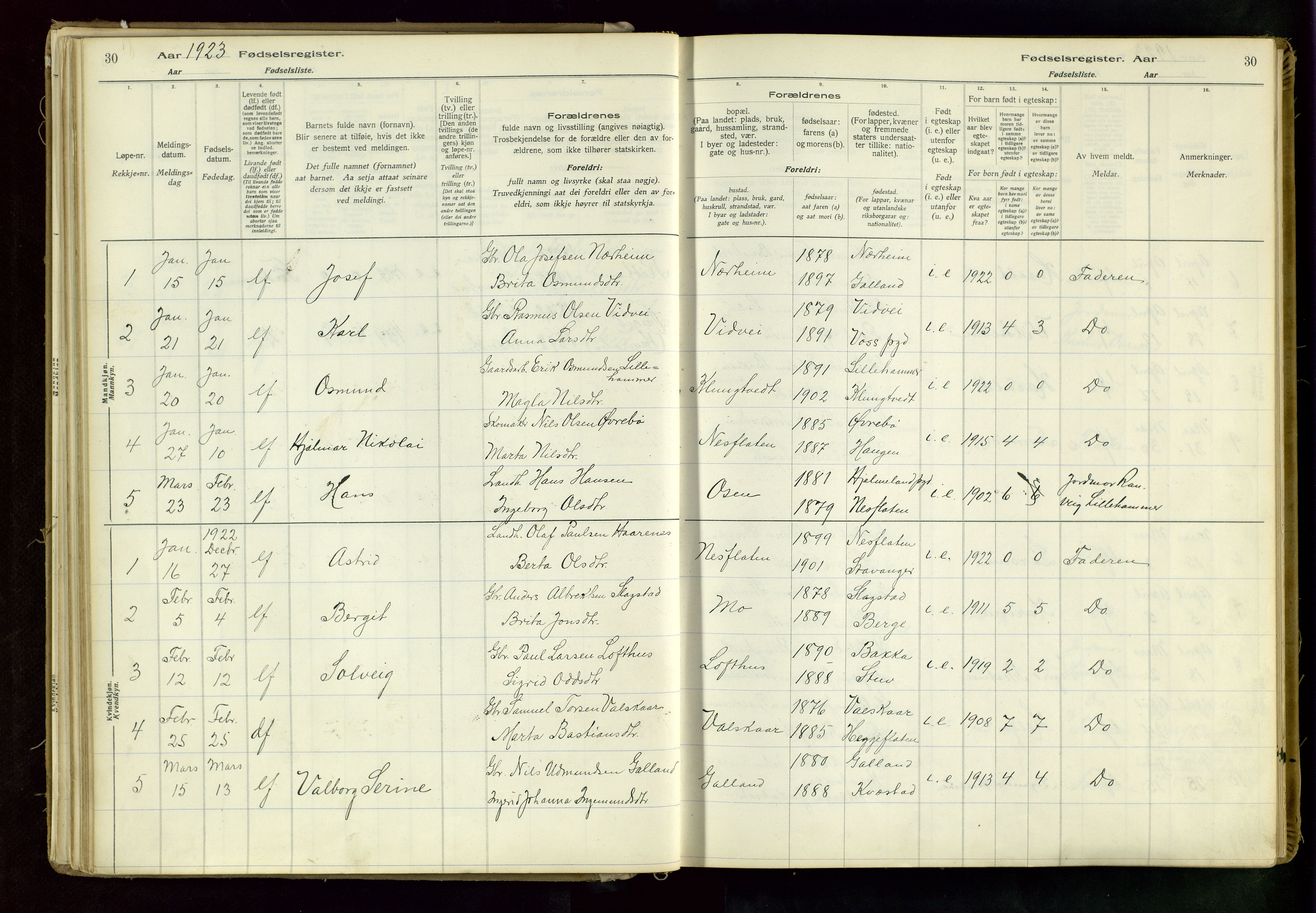 Suldal sokneprestkontor, AV/SAST-A-101845/03/A/L0002: Birth register no. 2, 1916-1982, p. 30