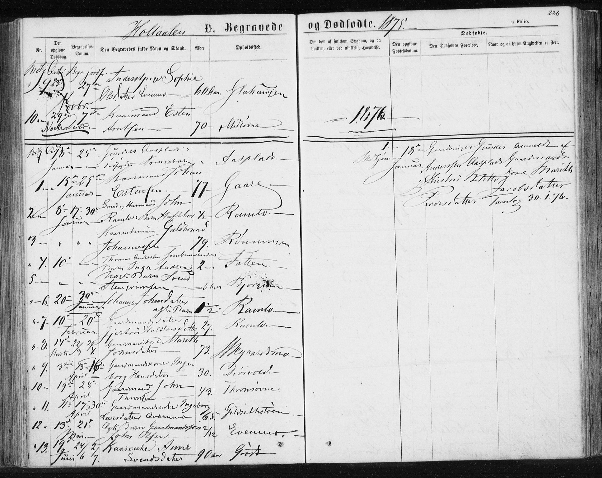 Ministerialprotokoller, klokkerbøker og fødselsregistre - Sør-Trøndelag, SAT/A-1456/685/L0969: Parish register (official) no. 685A08 /1, 1870-1878, p. 226