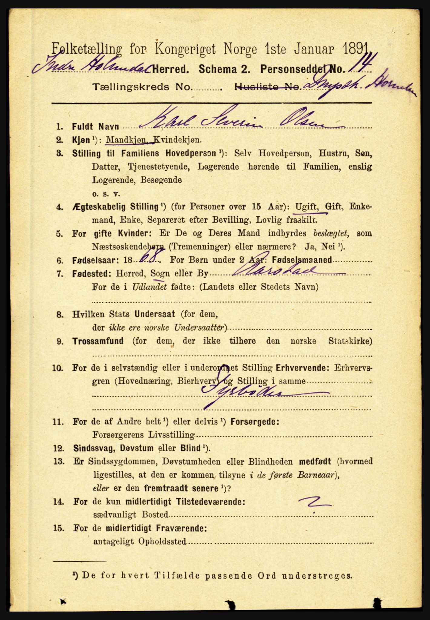 RA, 1891 census for 1430 Indre Holmedal, 1891, p. 4502