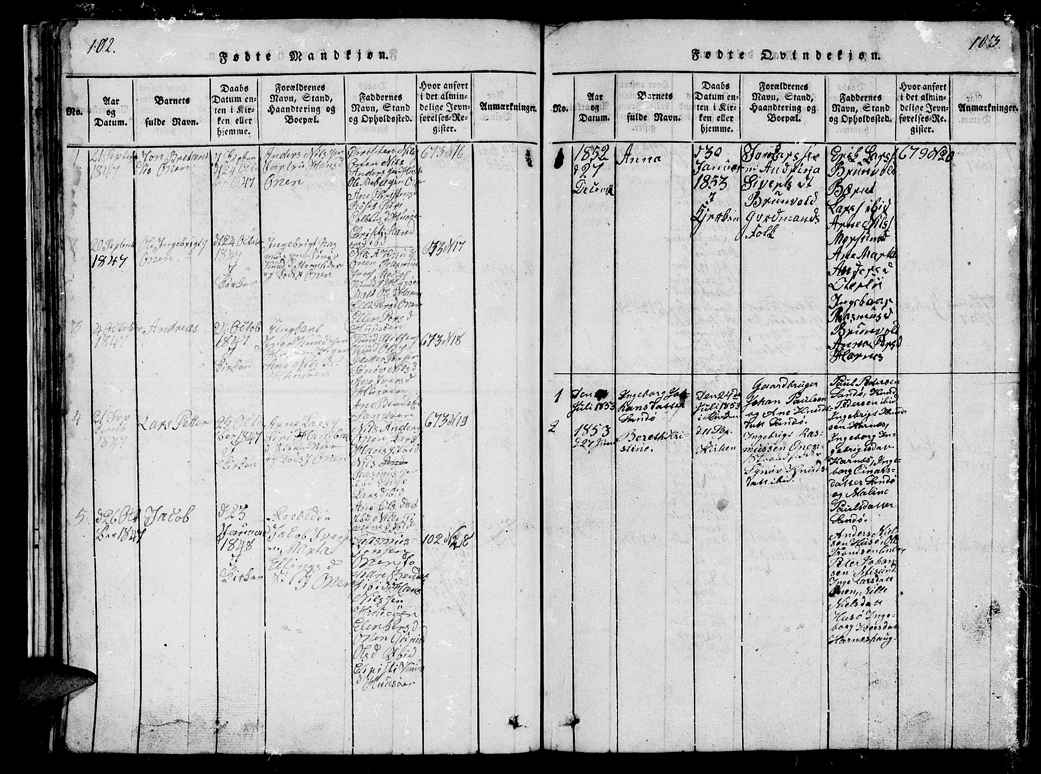 Ministerialprotokoller, klokkerbøker og fødselsregistre - Møre og Romsdal, AV/SAT-A-1454/561/L0731: Parish register (copy) no. 561C01, 1817-1867, p. 102-103