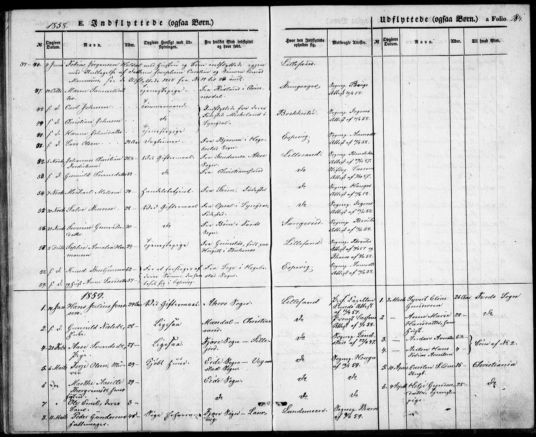 Vestre Moland sokneprestkontor, SAK/1111-0046/F/Fb/Fbb/L0003: Parish register (copy) no. B 3, 1851-1861, p. 284