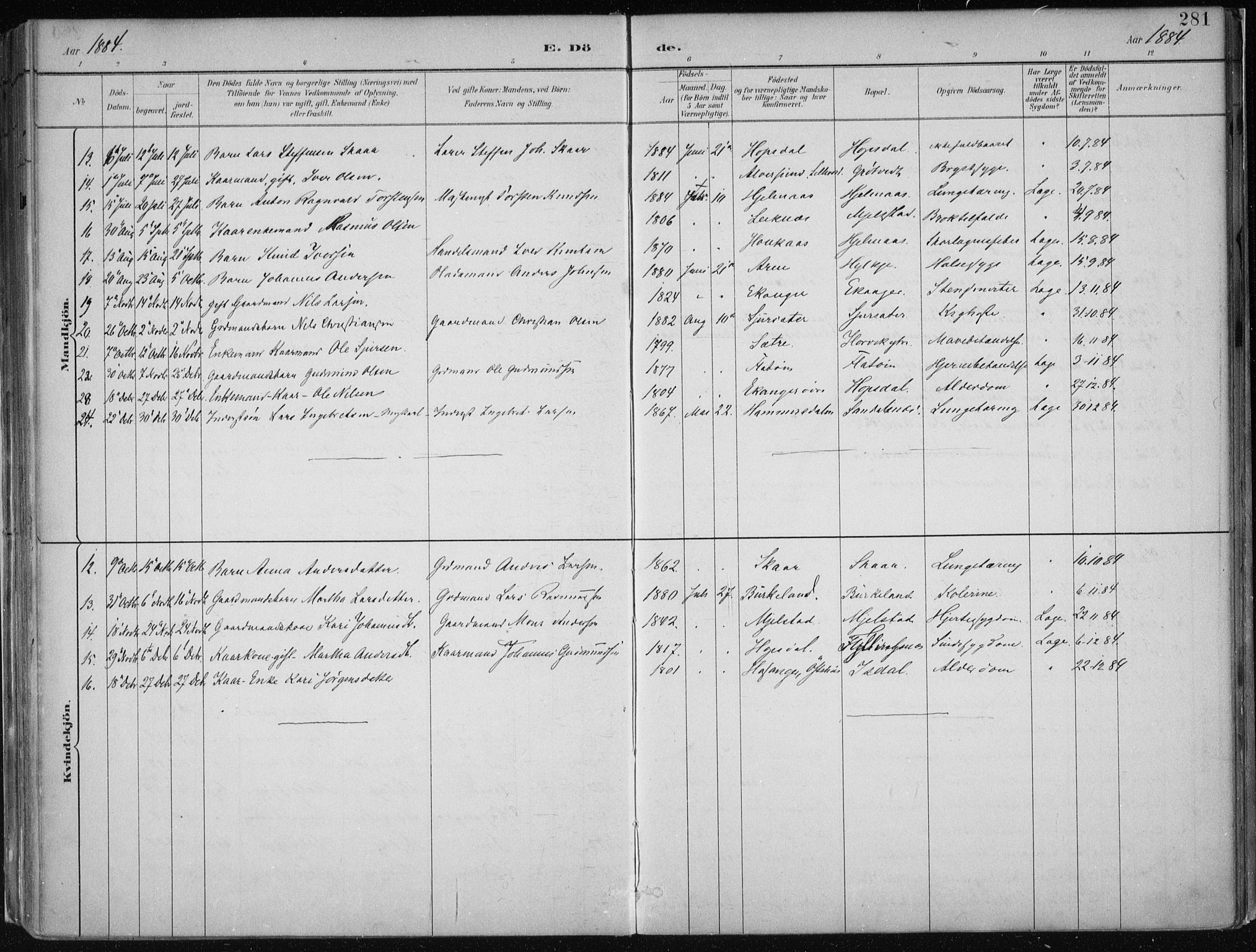 Hamre sokneprestembete, AV/SAB-A-75501/H/Ha/Haa/Haab/L0001: Parish register (official) no. B  1, 1882-1905, p. 281