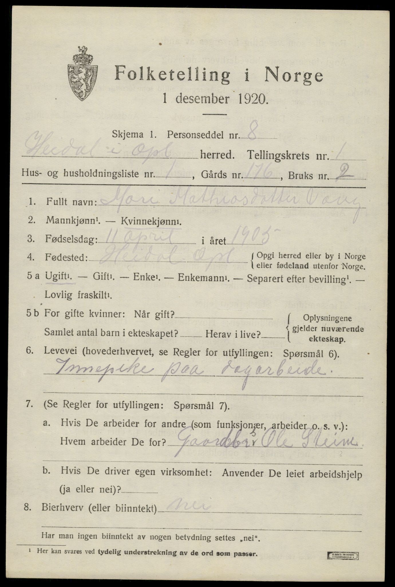 SAH, 1920 census for Heidal, 1920, p. 510