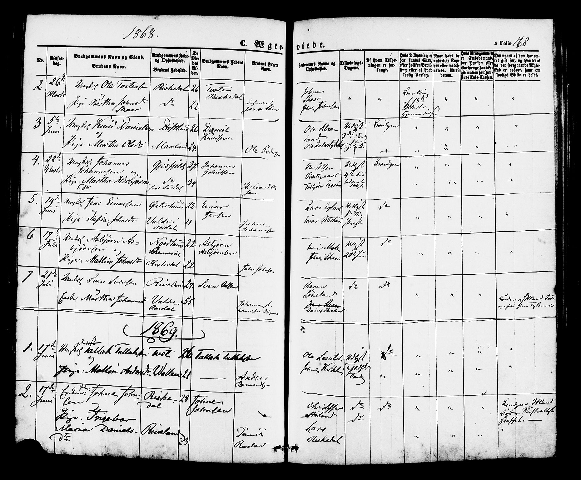 Hjelmeland sokneprestkontor, AV/SAST-A-101843/01/IV/L0012: Parish register (official) no. A 12, 1862-1886, p. 168