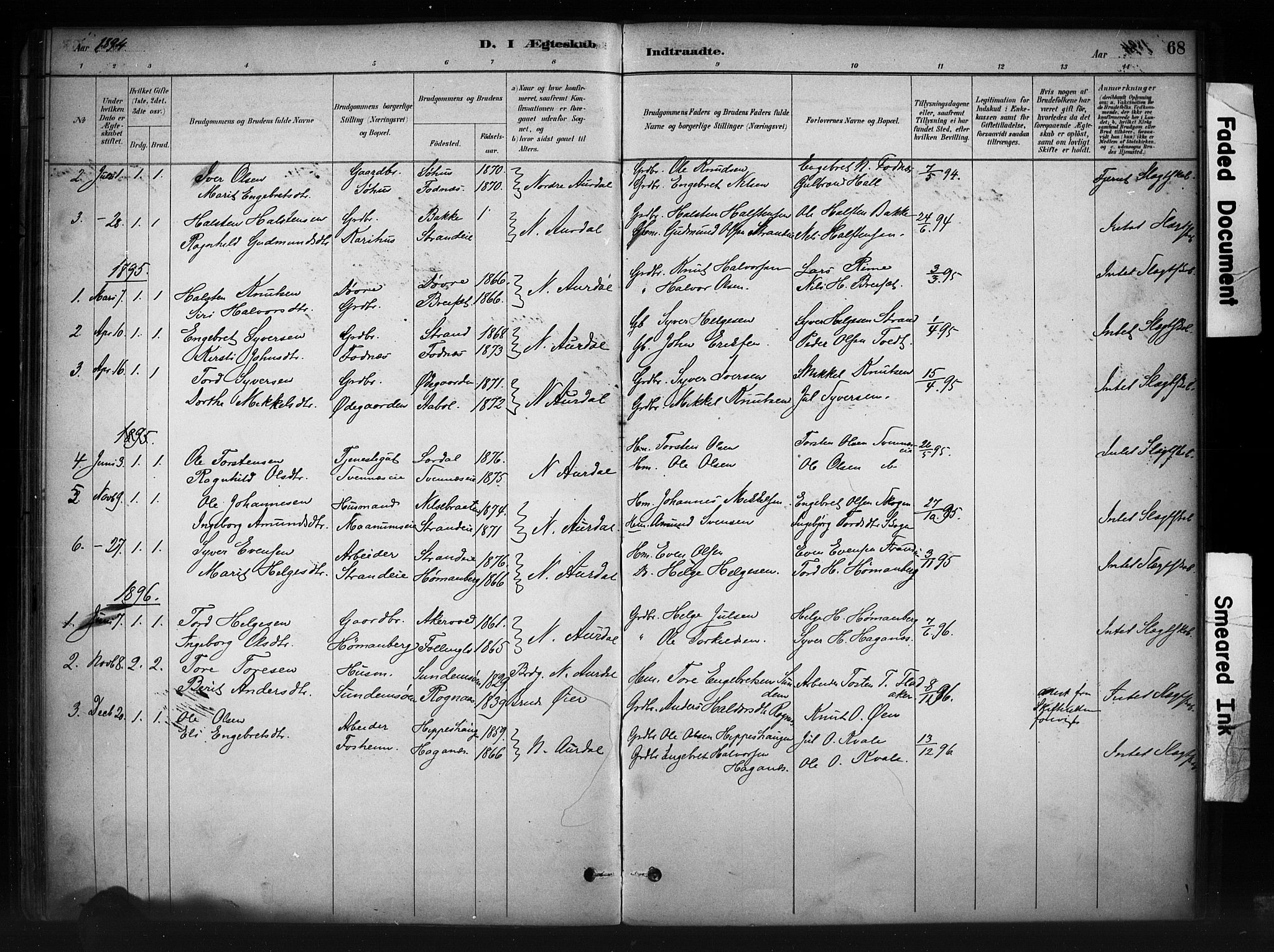 Nord-Aurdal prestekontor, SAH/PREST-132/H/Ha/Haa/L0010: Parish register (official) no. 10, 1883-1896, p. 68