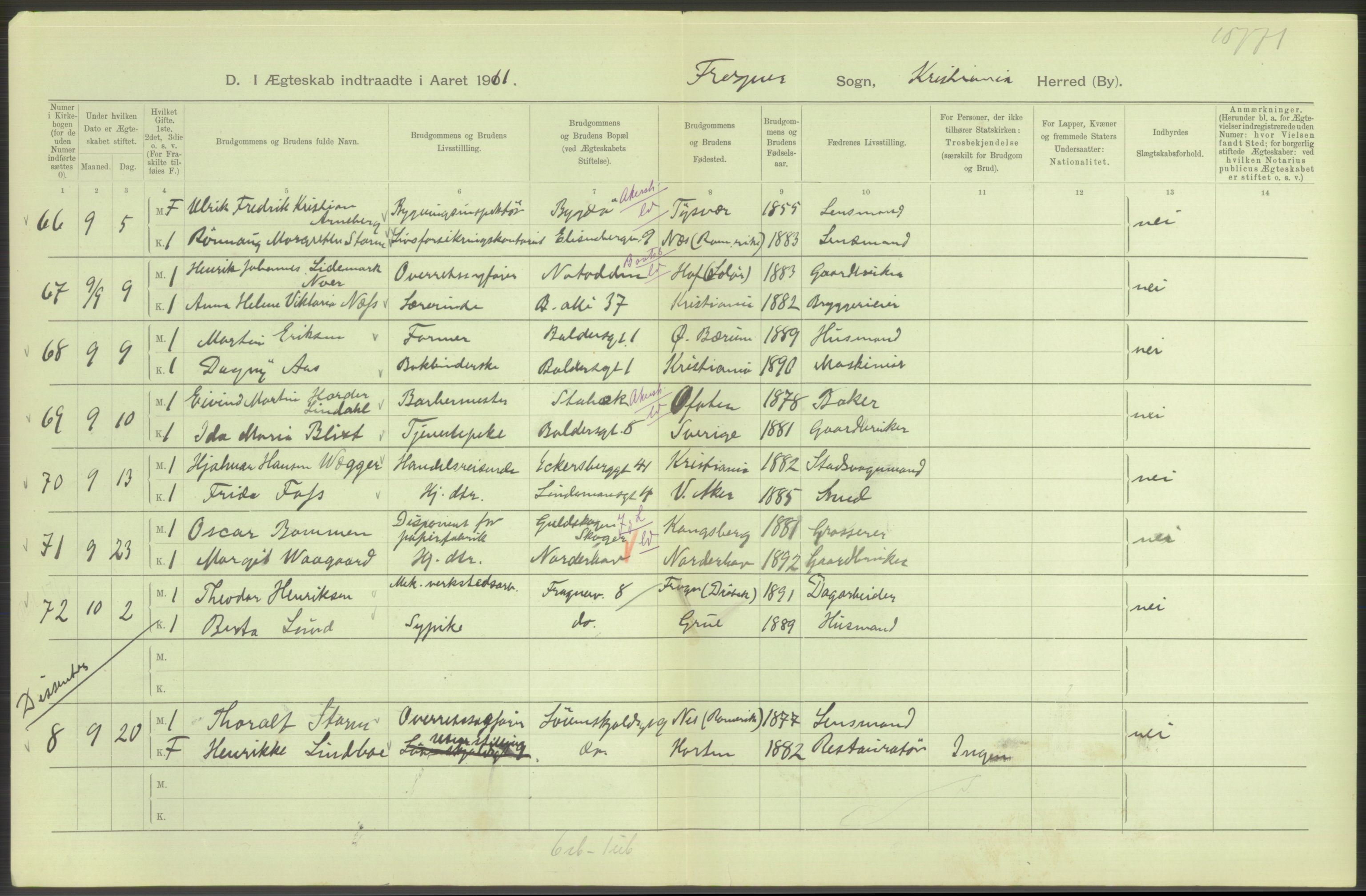 Statistisk sentralbyrå, Sosiodemografiske emner, Befolkning, AV/RA-S-2228/D/Df/Dfb/Dfba/L0008: Kristiania: Gifte, 1911, p. 378