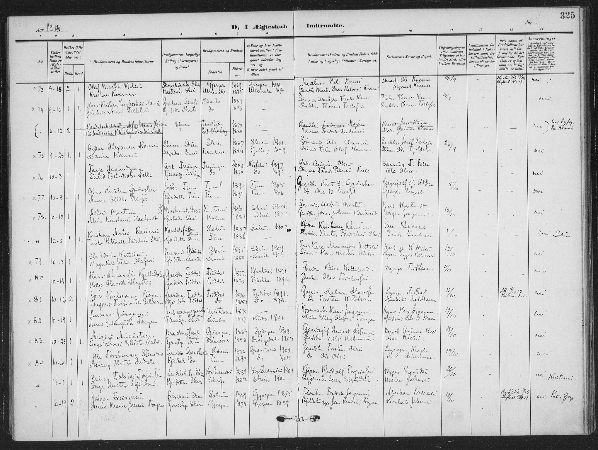 Skien kirkebøker, AV/SAKO-A-302/F/Fa/L0012: Parish register (official) no. 12, 1908-1914, p. 325