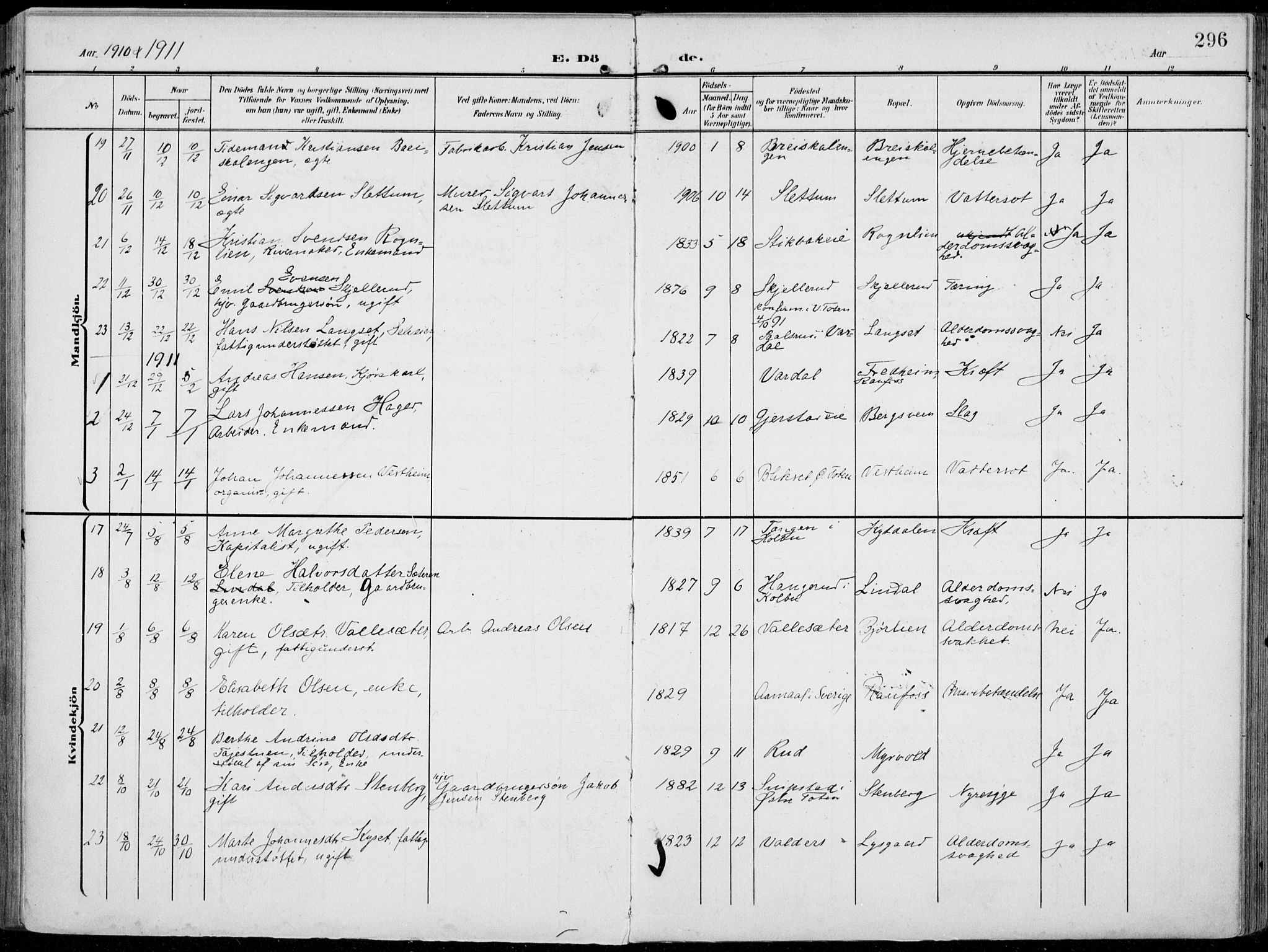 Vestre Toten prestekontor, SAH/PREST-108/H/Ha/Haa/L0014: Parish register (official) no. 14, 1907-1920, p. 296