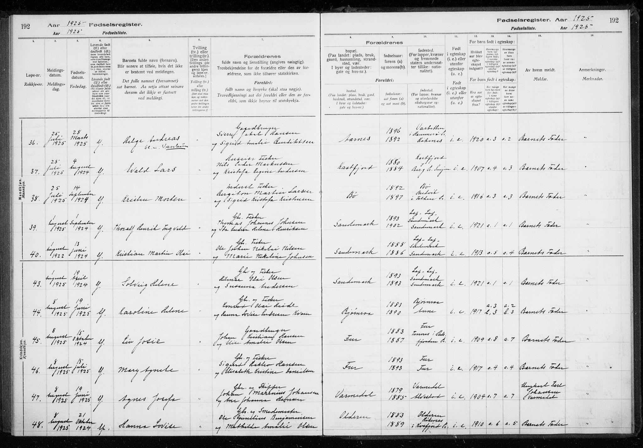 Trondenes sokneprestkontor, AV/SATØ-S-1319/I/Ia/L0089: Birth register no. 89, 1916-1925, p. 192