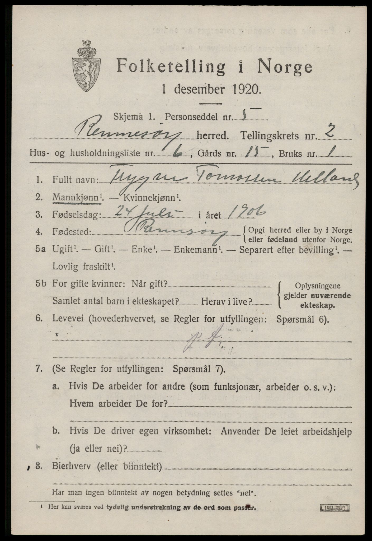 SAST, 1920 census for Rennesøy, 1920, p. 1118