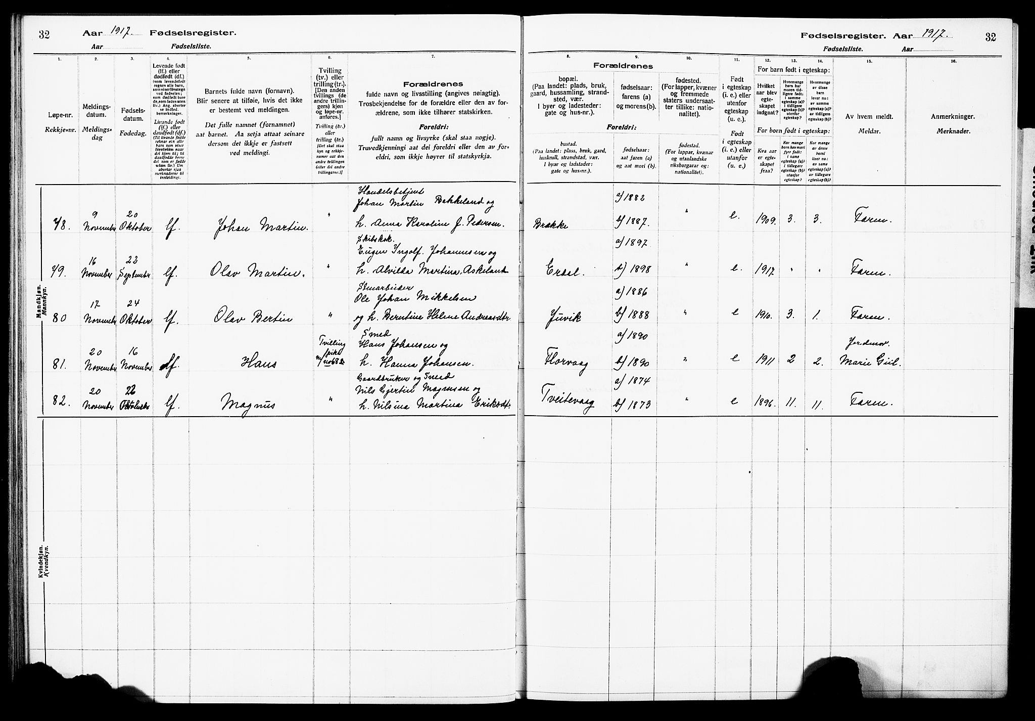 Askøy Sokneprestembete, AV/SAB-A-74101/I/Id/L00A1: Birth register no. A 1, 1916-1928, p. 32