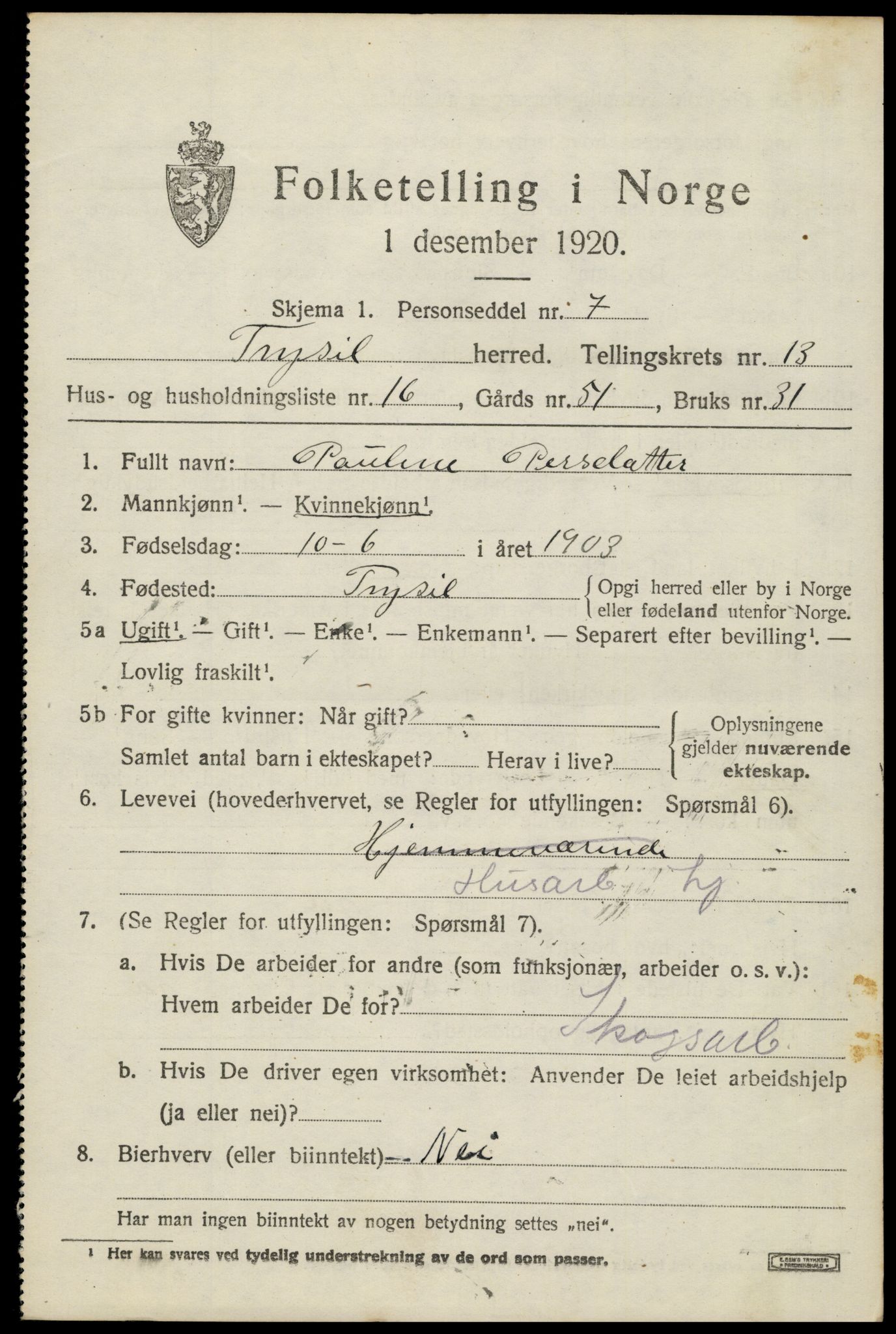 SAH, 1920 census for Trysil, 1920, p. 7853