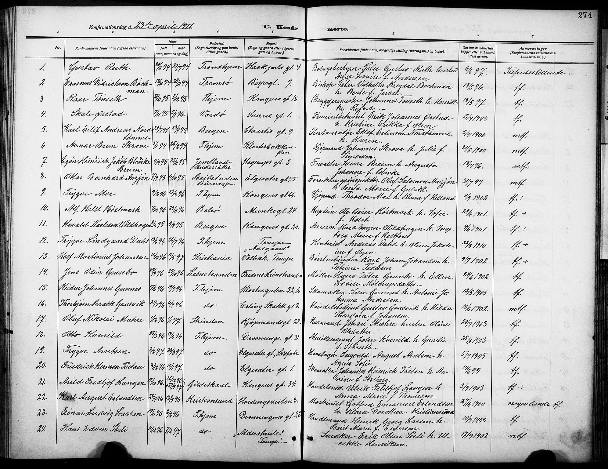 Ministerialprotokoller, klokkerbøker og fødselsregistre - Sør-Trøndelag, SAT/A-1456/601/L0096: Parish register (copy) no. 601C14, 1911-1931, p. 274